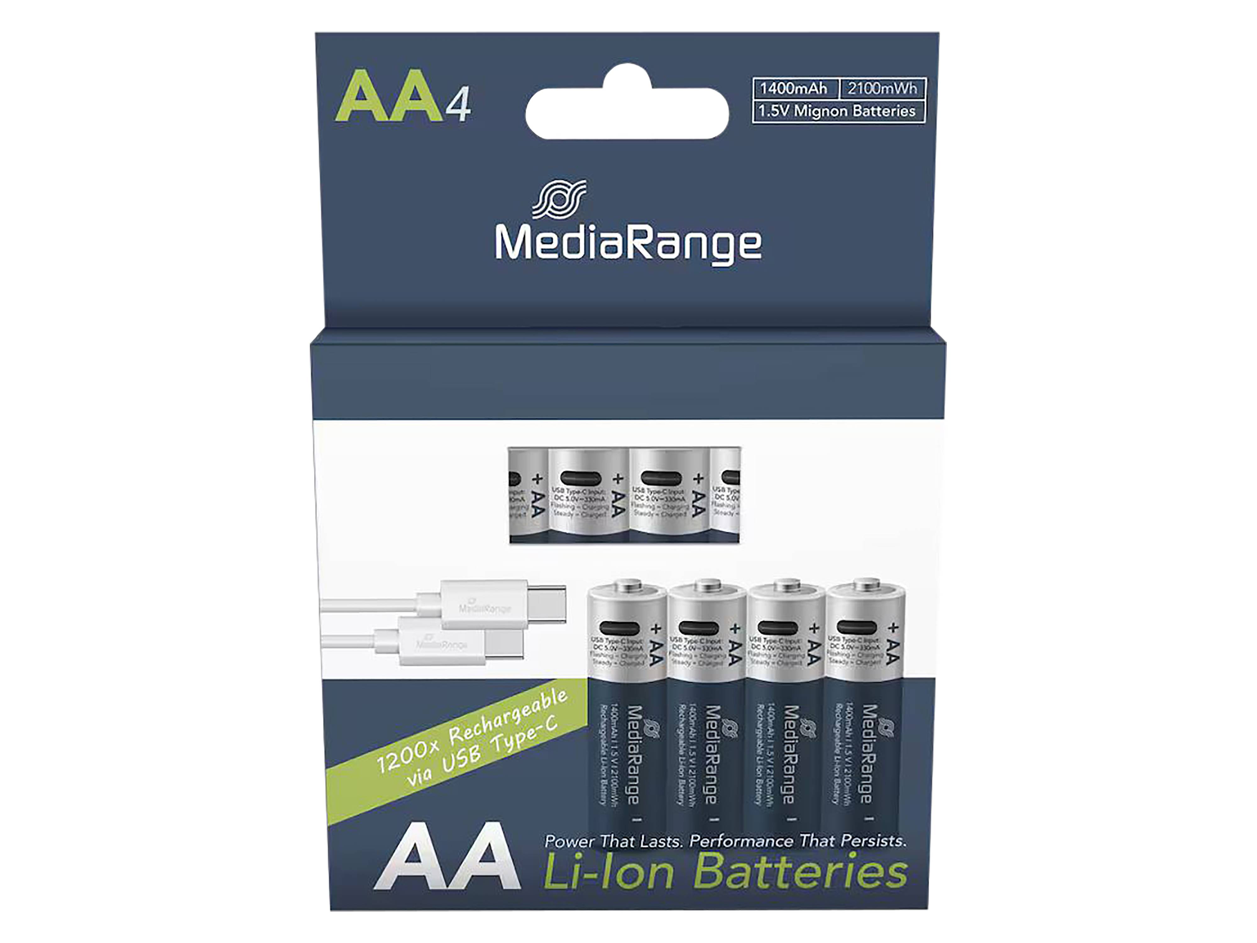MediaRange AA Li-Ion Akkus-Set, bestehend aus vier wiederaufladbaren 1,5V Batterien und einem USB Typ-C Kabel, mit Kapazitätsangaben auf der Verpackung.