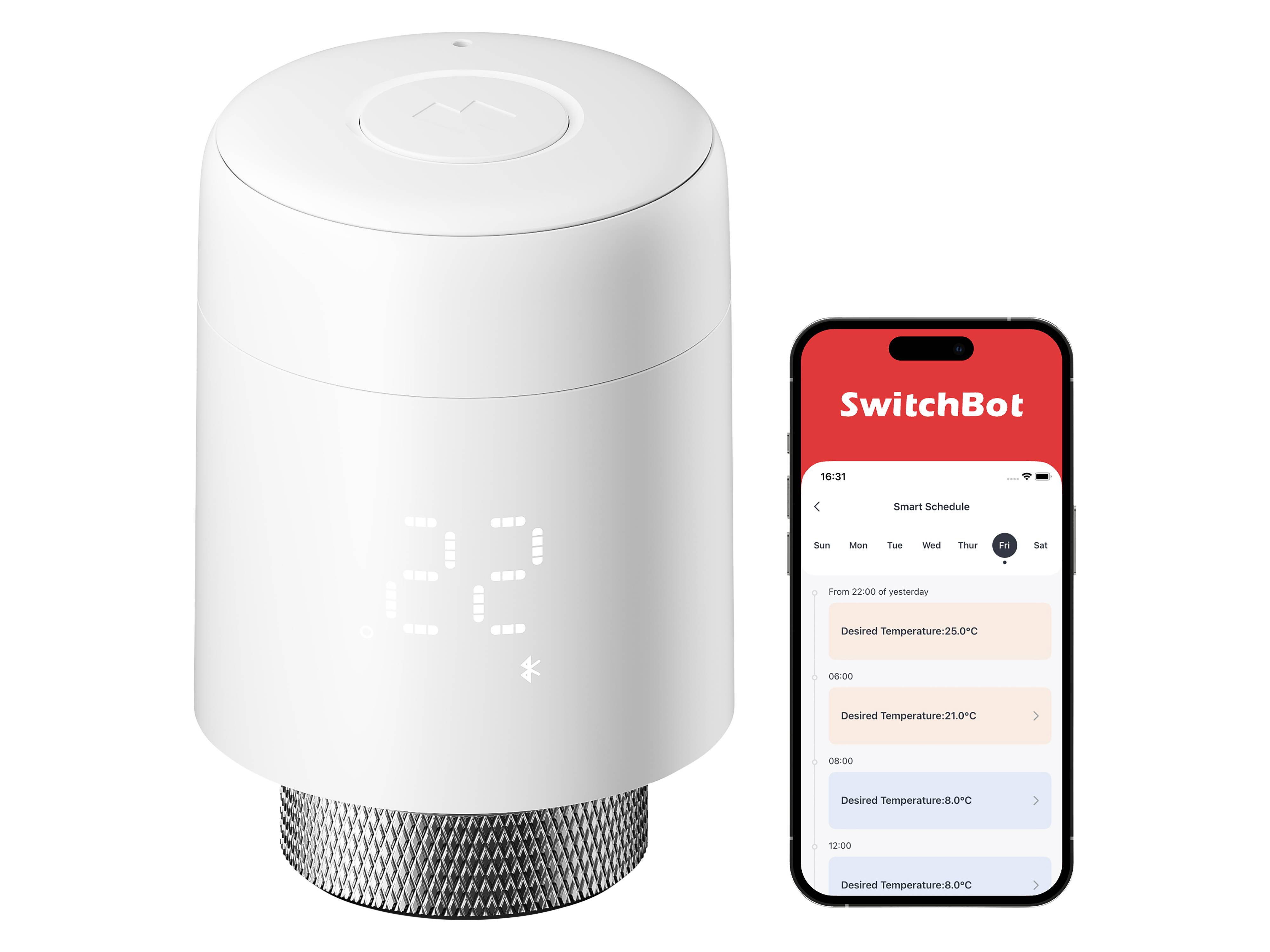 Ein weißes intelligentes Thermostat und ein Smartphone, das die SwitchBot-App anzeigt. Die App zeigt einen intelligenten Zeitplan mit Temperatureinstellungen.
