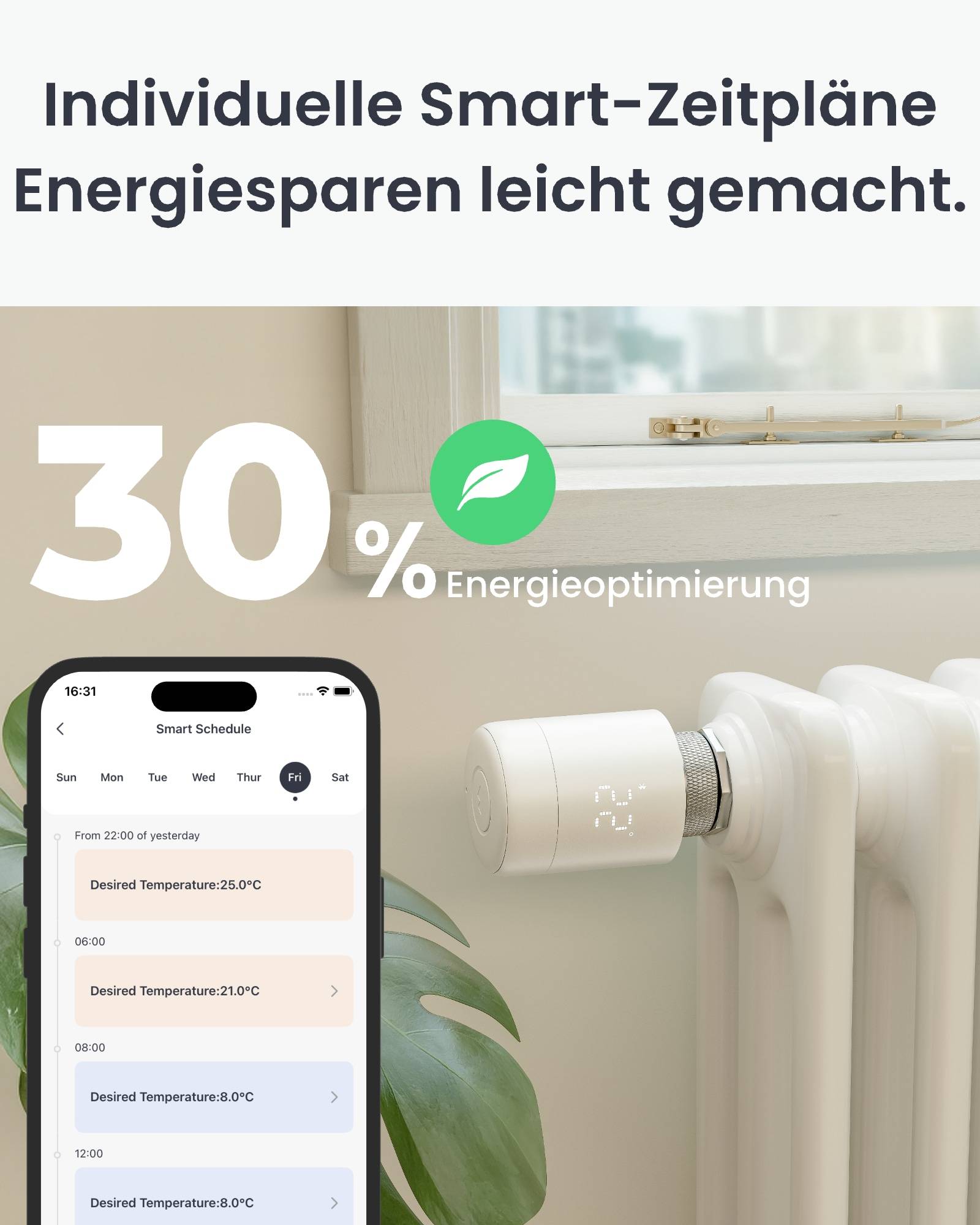 Intelligente Thermostat in der Nähe eines Heizkörpers, das Energieeinsparungen anzeigt. Text liest sich '30% Energieoptimierung' und deutet auf eine optimierte Energieeffizienz hin.