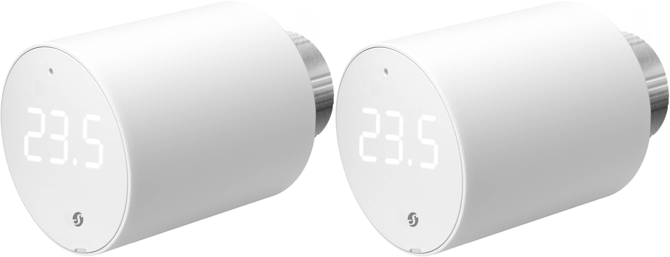 Ein intelligentes Thermostat mit zylindrischer Form zeigt eine Temperatur von 23,5 Grad an. Das Symbol für HVAC-Einstellungen ist sichtbar.