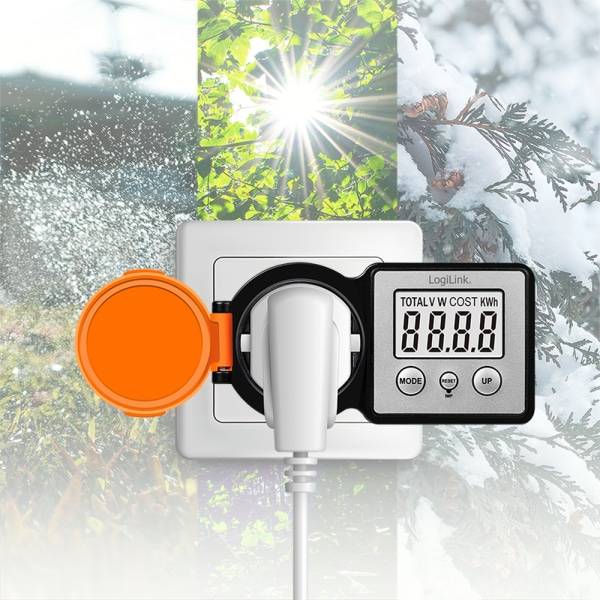 LOGILINK Außensteckdose EM0007, mit Energiekostenmesser, 2"-LCD-Display, Schutzklappe