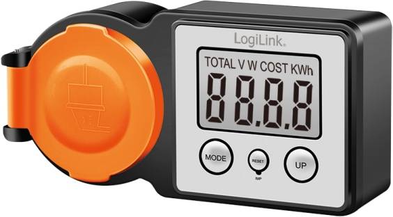 LOGILINK Außensteckdose EM0007, mit Energiekostenmesser, 2"-LCD-Display, Schutzklappe