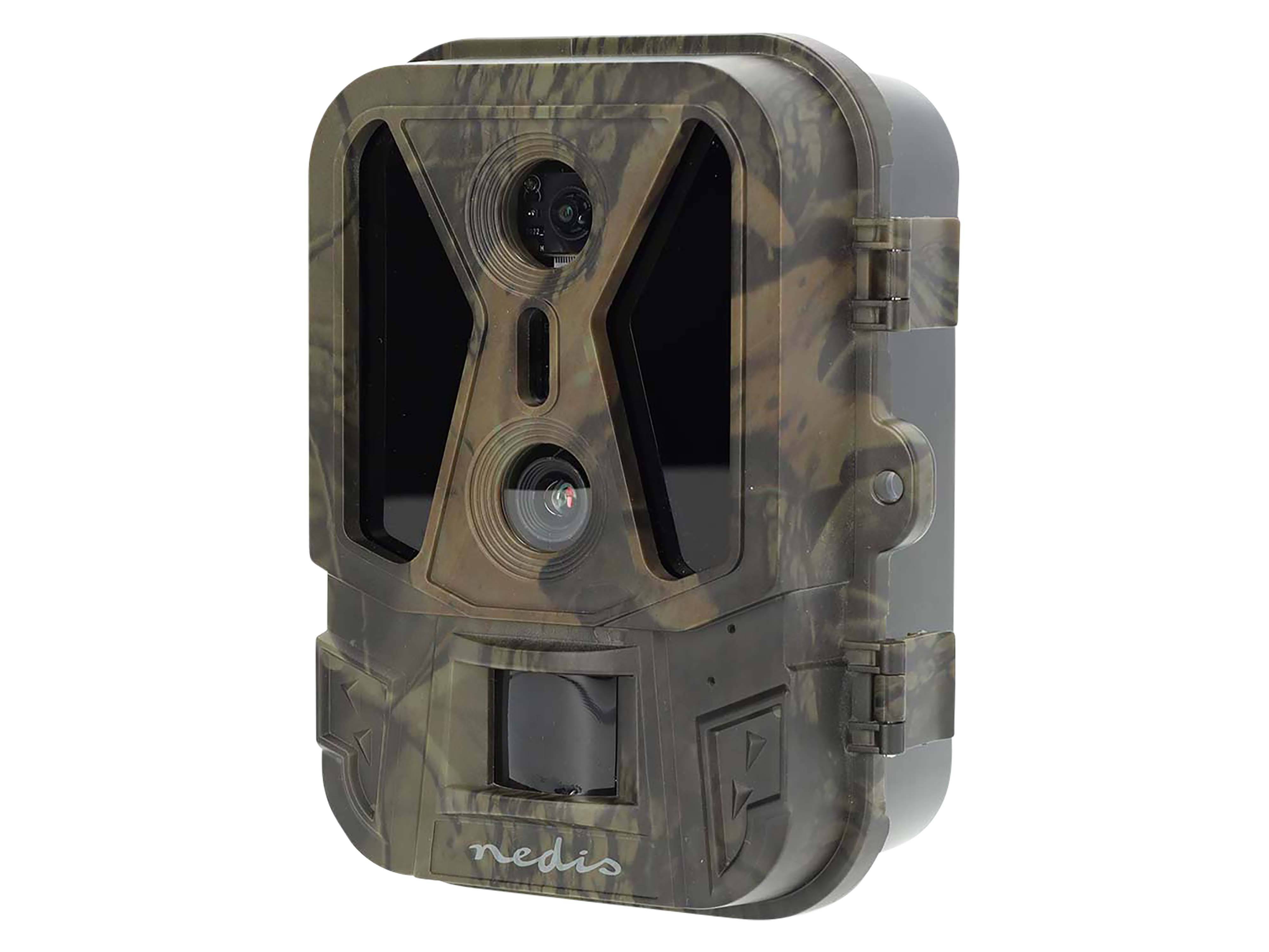 Eine getarnte Outdoor-Wildkamera mit Bewegungssensoren und Objektiv, entwickelt zur Aufnahme von Fotos oder Videos von Wildtieren.