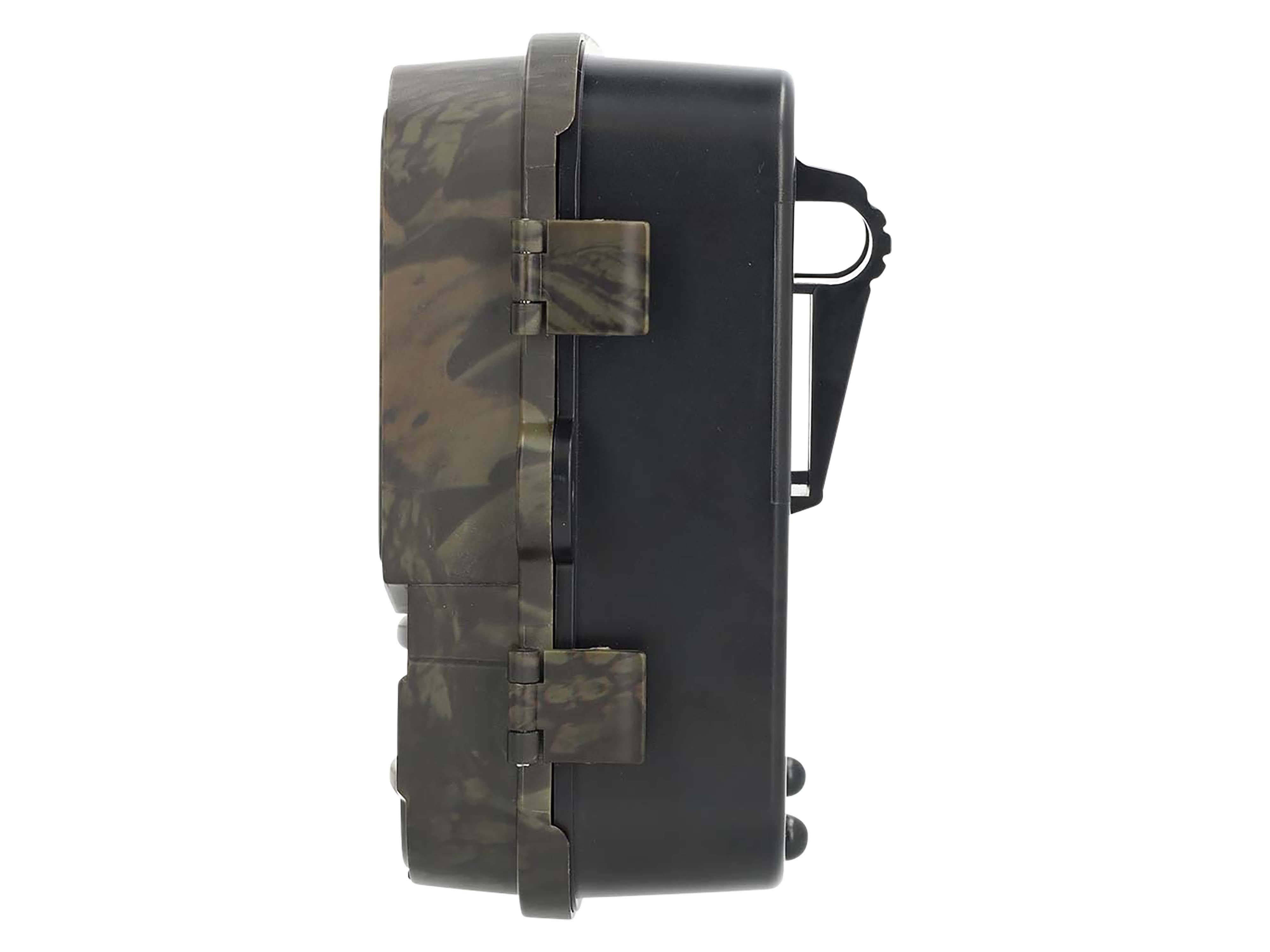 „Eine seitlich betrachtete, schwarz und tarnmusterbedeckte Wildkamera, die ihre kompakte Form und robuste Gehäusestruktur zeigt.
