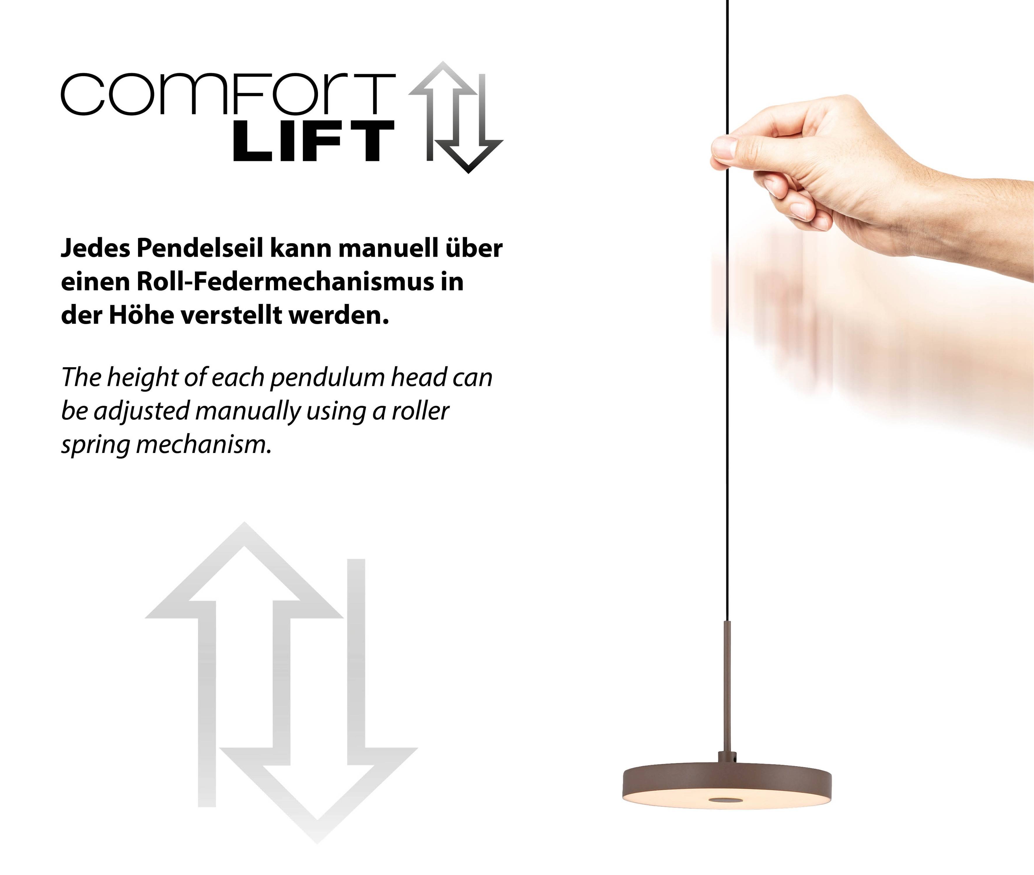 Hängelampe 'Comfort Lift' wird von Hand mittels eines Rollfedermechanismus eingestellt, mit Pfeilen, die die Bewegung anzeigen.