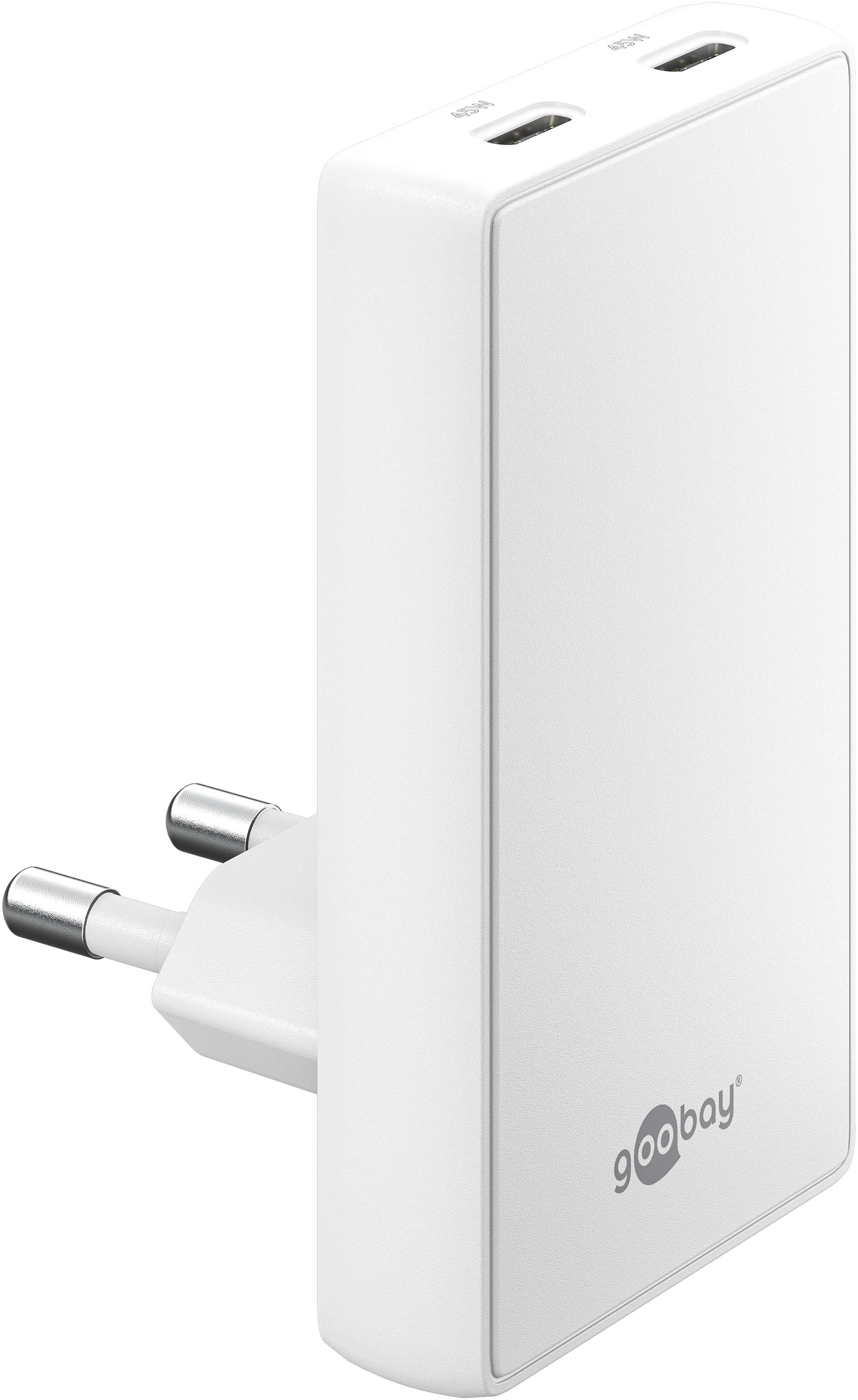 GOOBAY Dual-Schnellladegerät, 45W, 2x USB-C, 90° abgewickelt, flach, weiß
