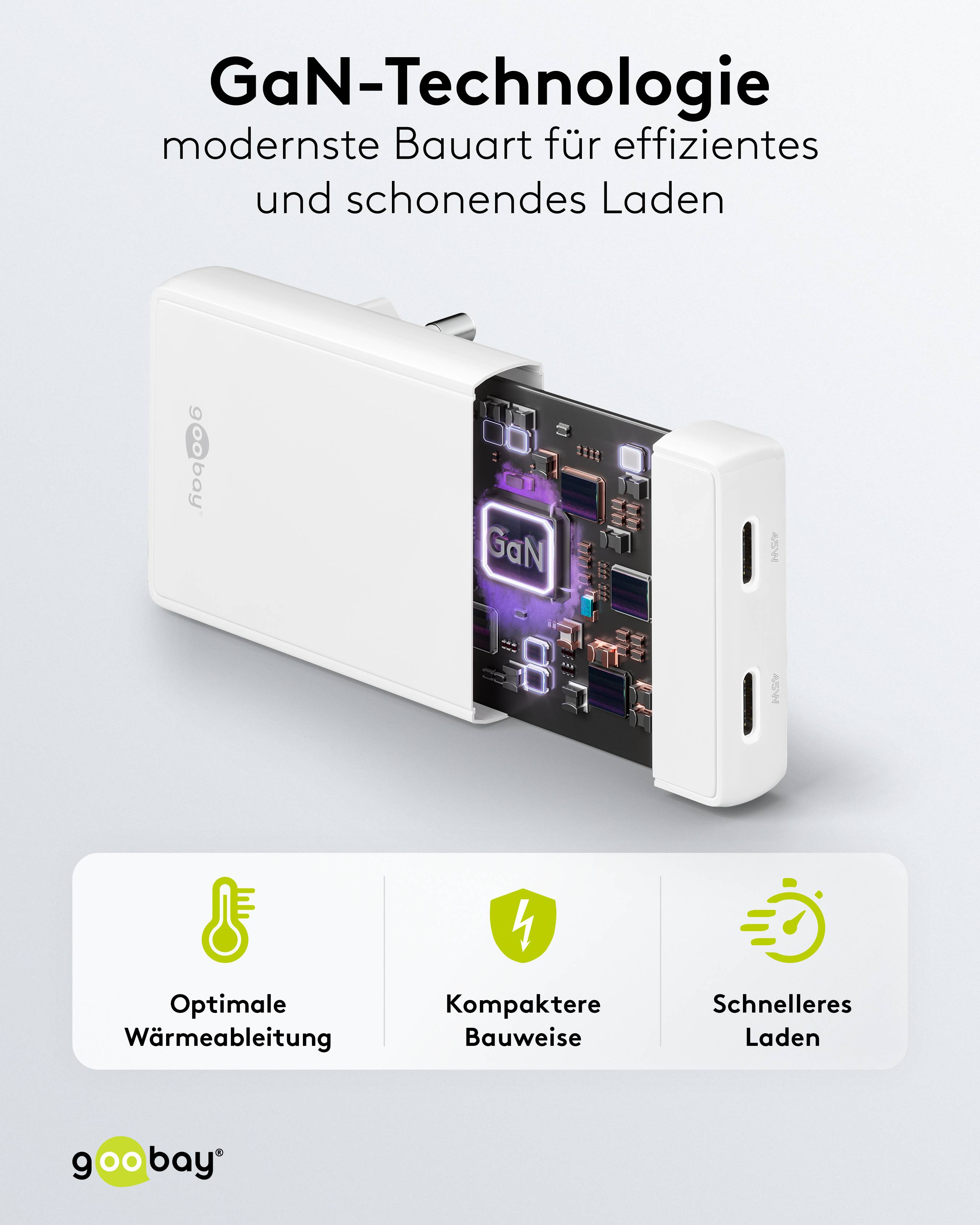 GOOBAY Dual-Schnellladegerät, 45W, 2x USB-C, 90° abgewickelt, flach, weiß