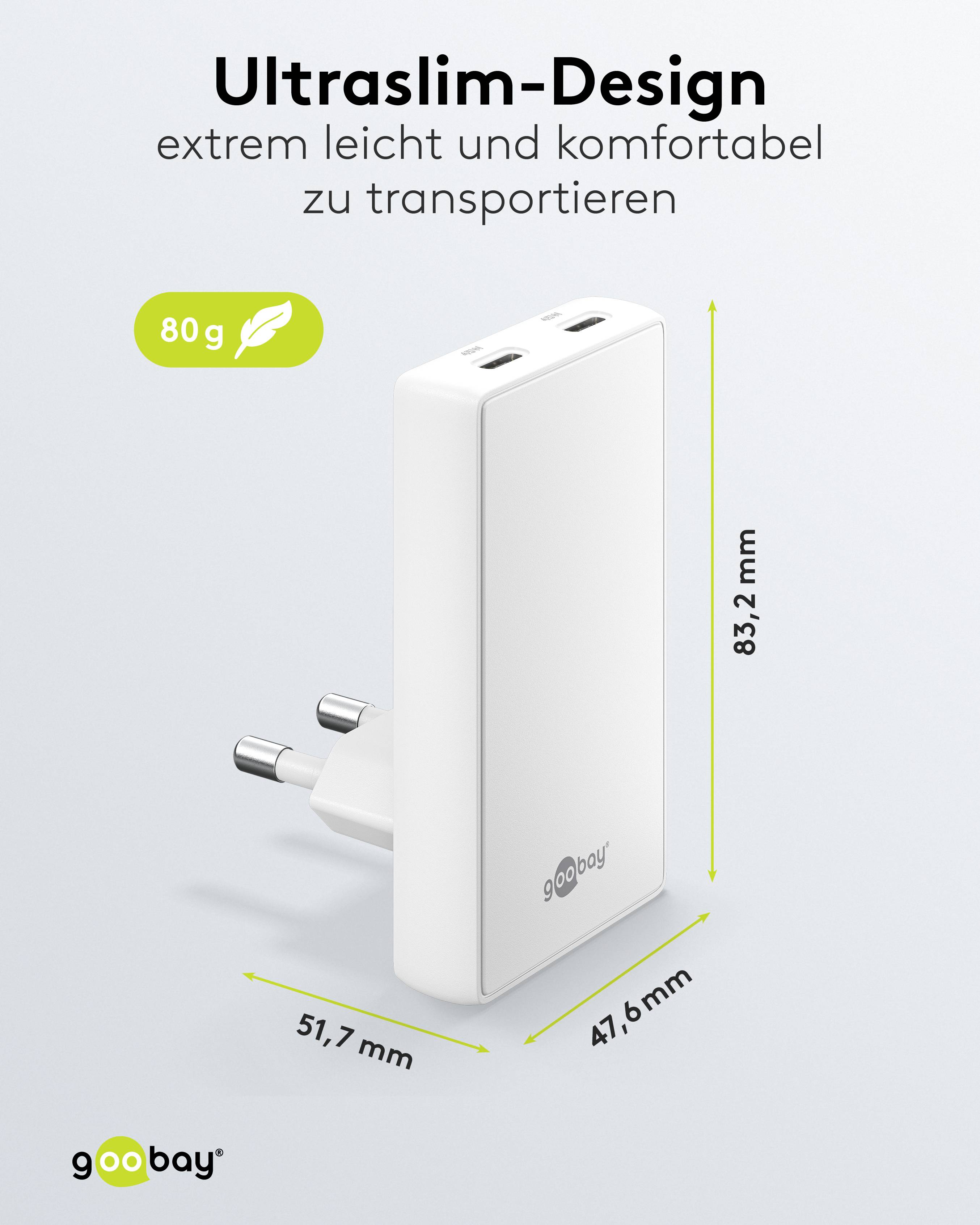 GOOBAY Dual-Schnellladegerät, 45W, 2x USB-C, 90° abgewickelt, flach, weiß