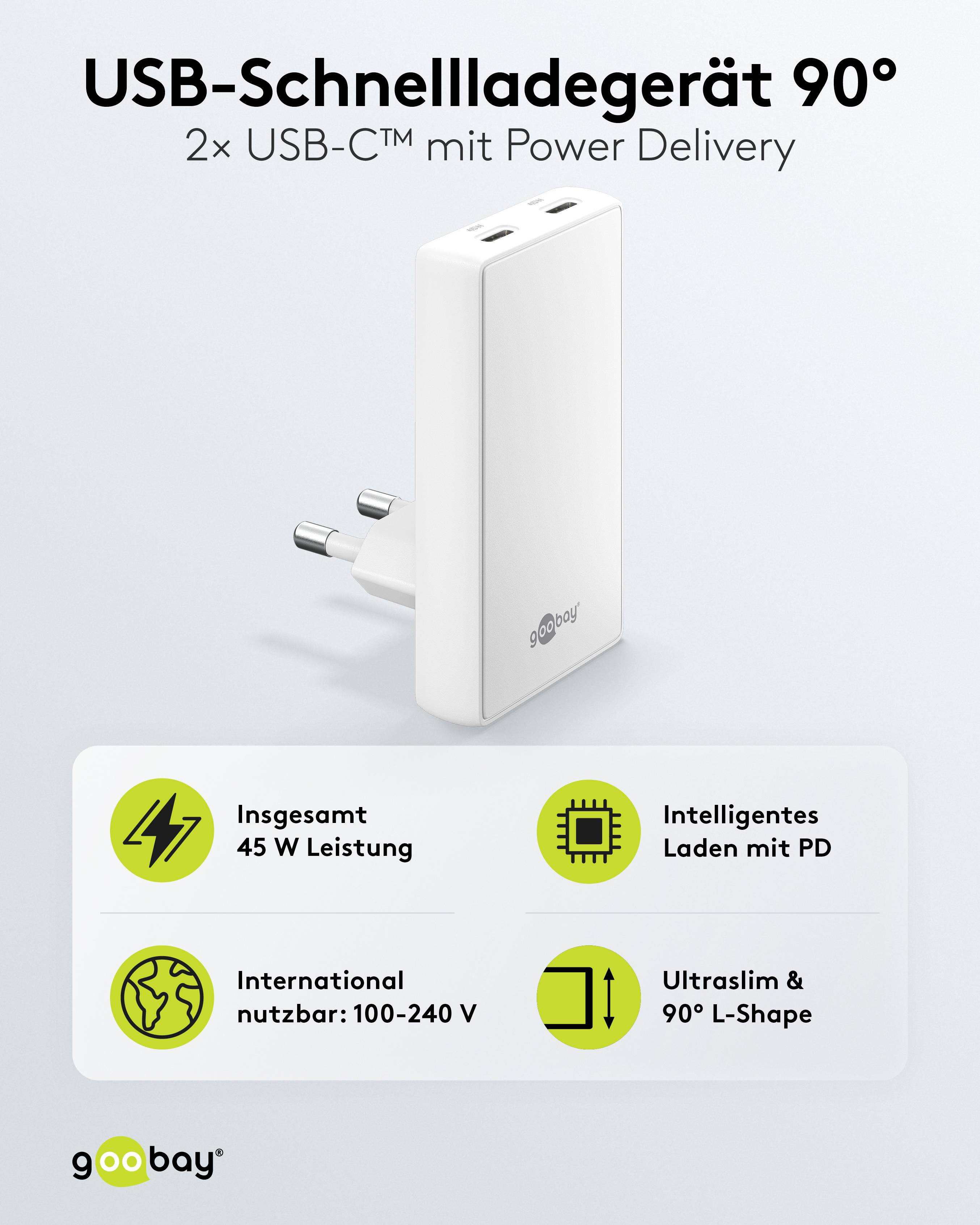 GOOBAY Dual-Schnellladegerät, 45W, 2x USB-C, 90° abgewickelt, flach, weiß