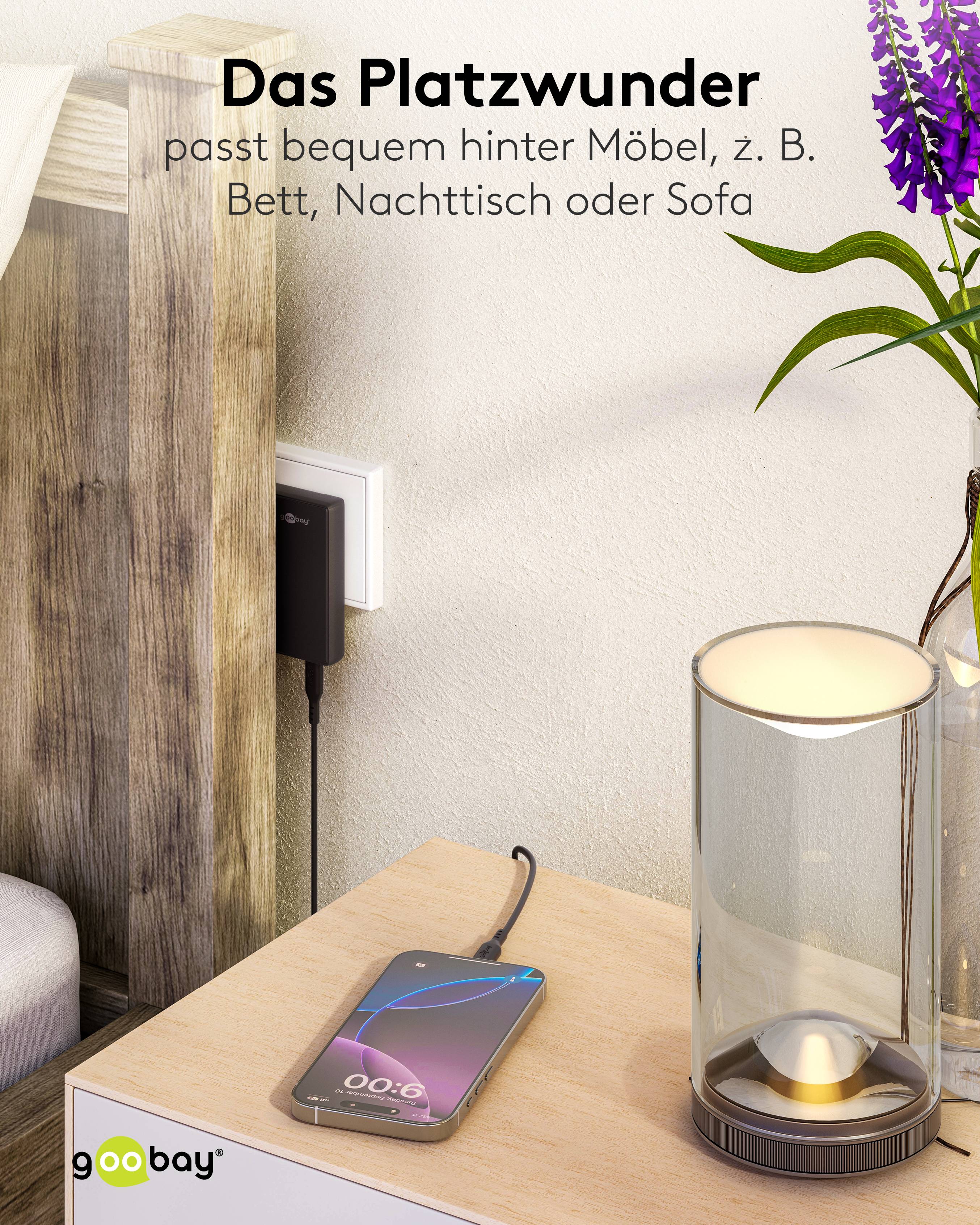 GOOBAY Dual-Schnelladegeräte, 45W, 2x USB-C, 90° abgewickelt, flach, schwarz