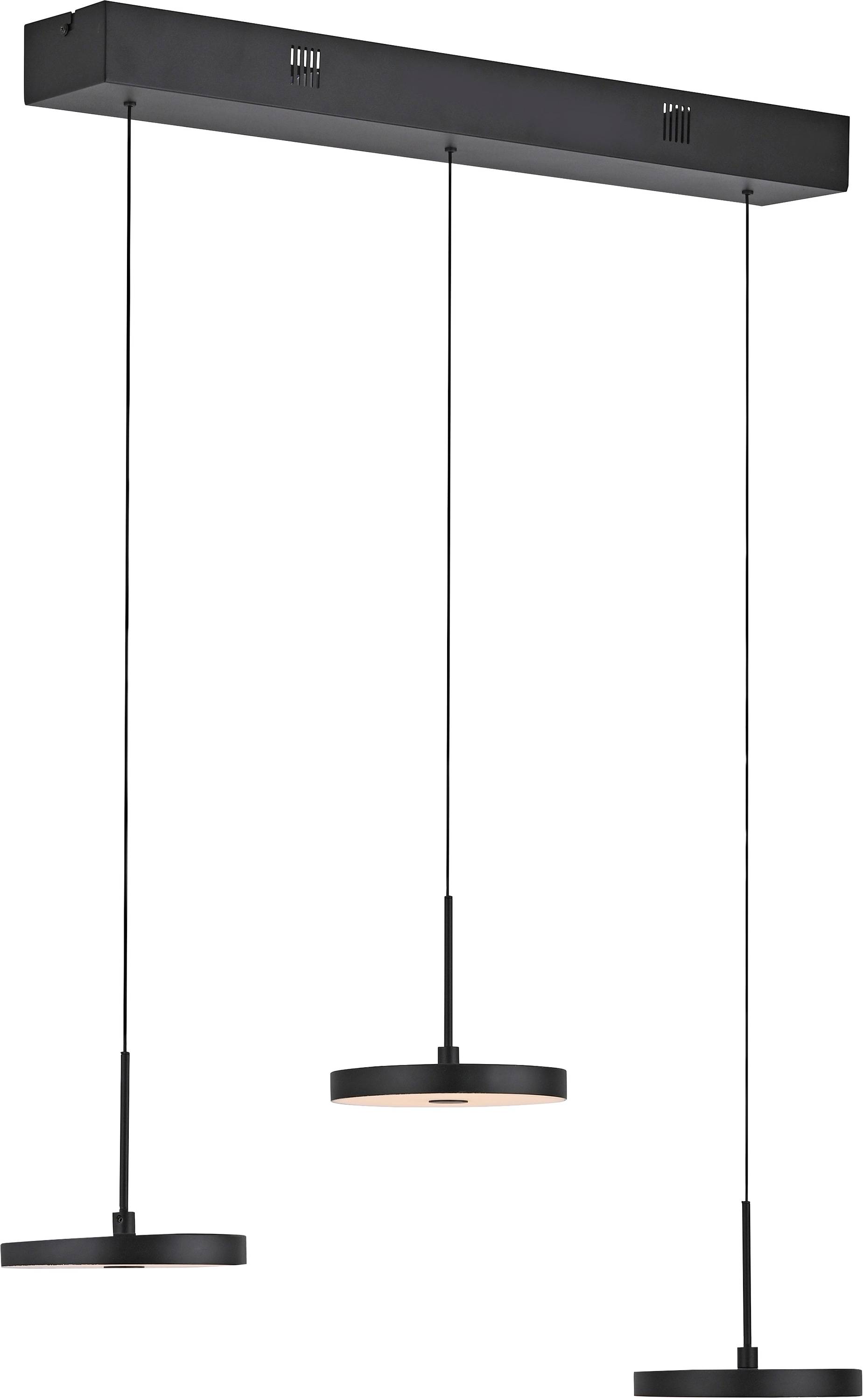 Eine minimalistische schwarze Pendelleuchte mit einem kreisförmigen Lampenschirm hängt an drei dünnen Kabeln vor einem schlichten weißen Hintergrund.