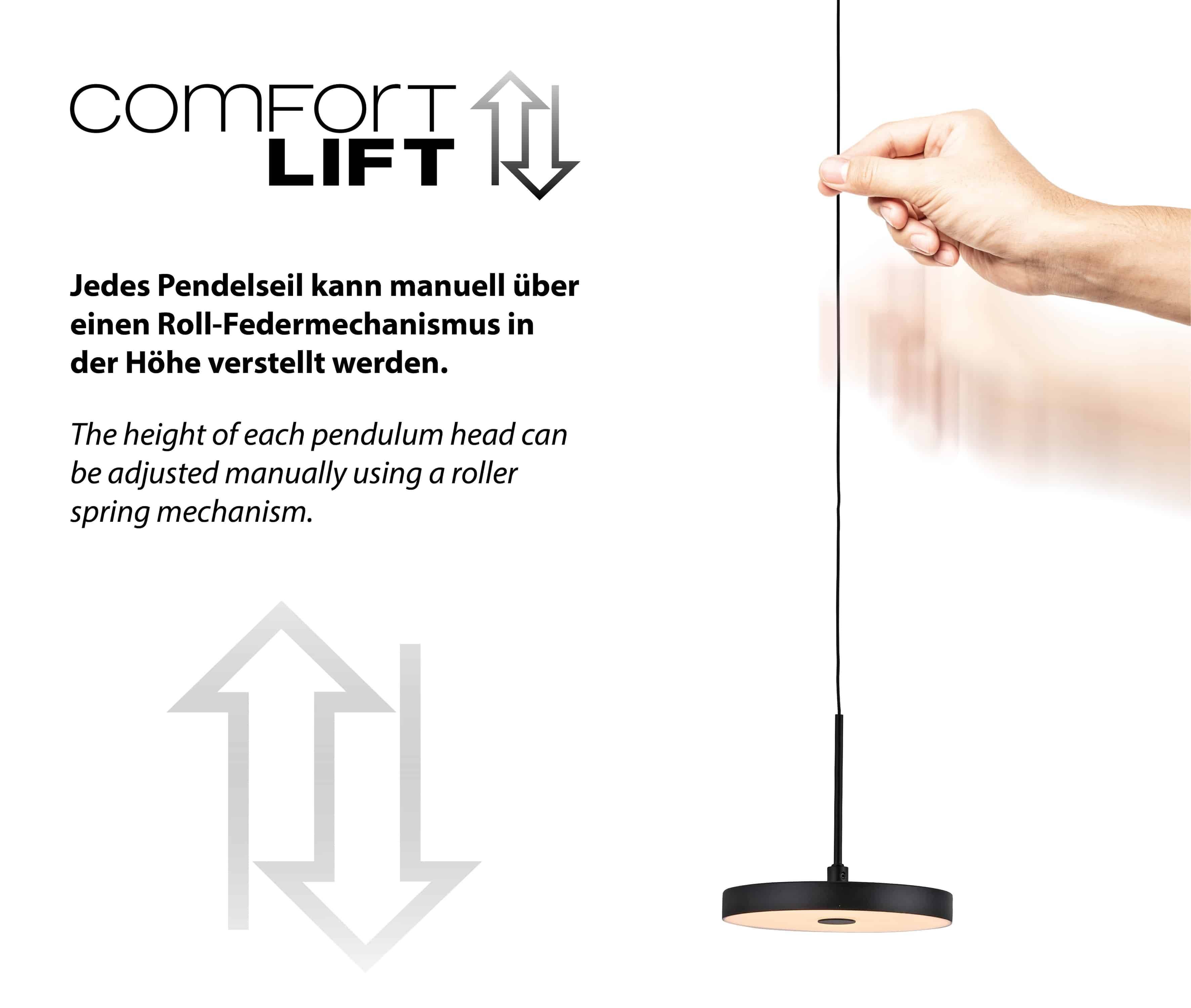 Eine Hand verstellt die Höhe einer Pendelleuchte mit einem Rollenmechanismus. Text lautet: 'Comfort Lift - Jedes Pendelleuchten-Kabel kann manuell eingestellt werden.
