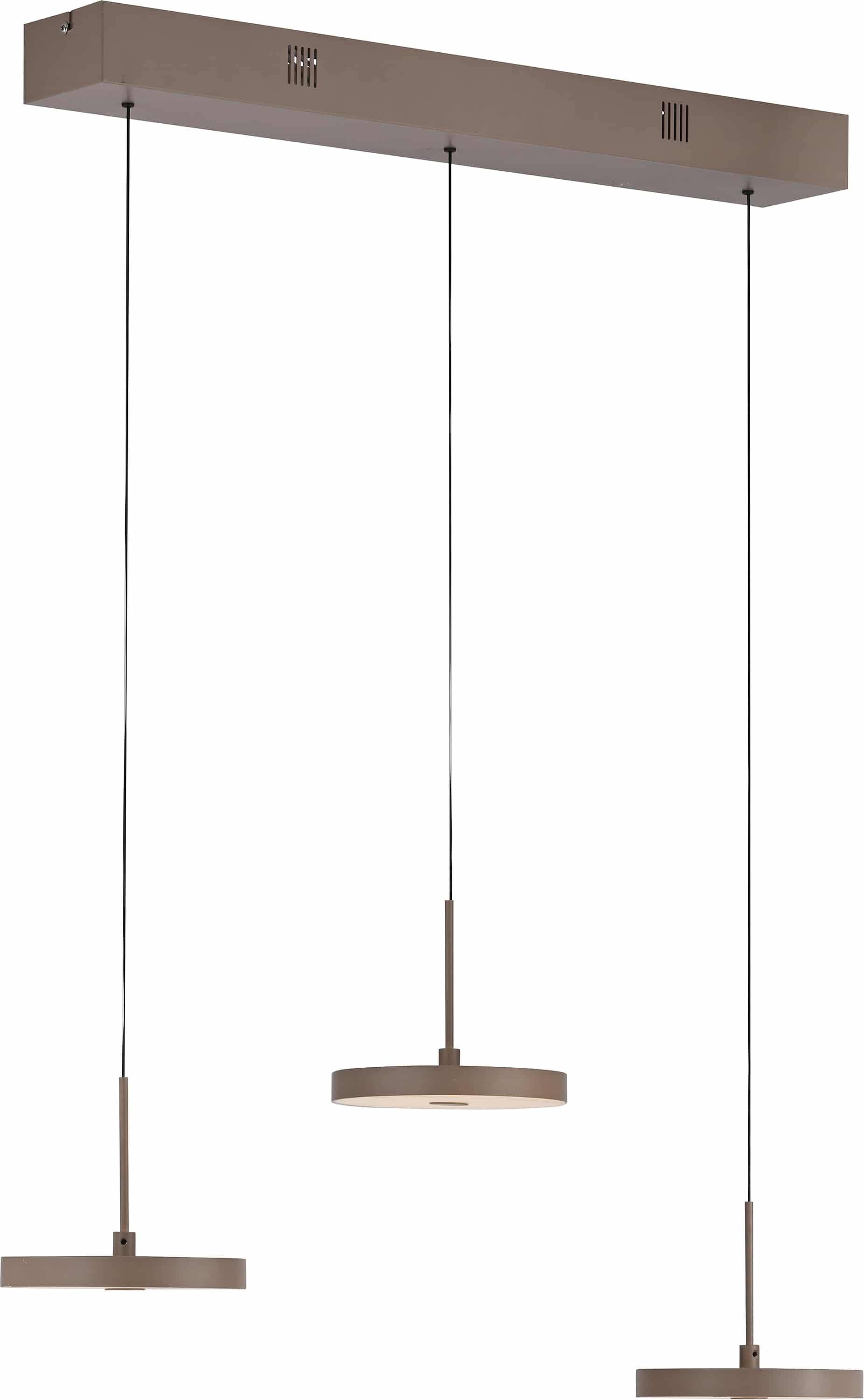 Eine moderne, minimalistische Pendelleuchte hängt von der Decke, mit einem schlanken schwarzen Kabel und einem flachen kreisförmigen Schirm, der ein warmes Glühen ausstrahlt.