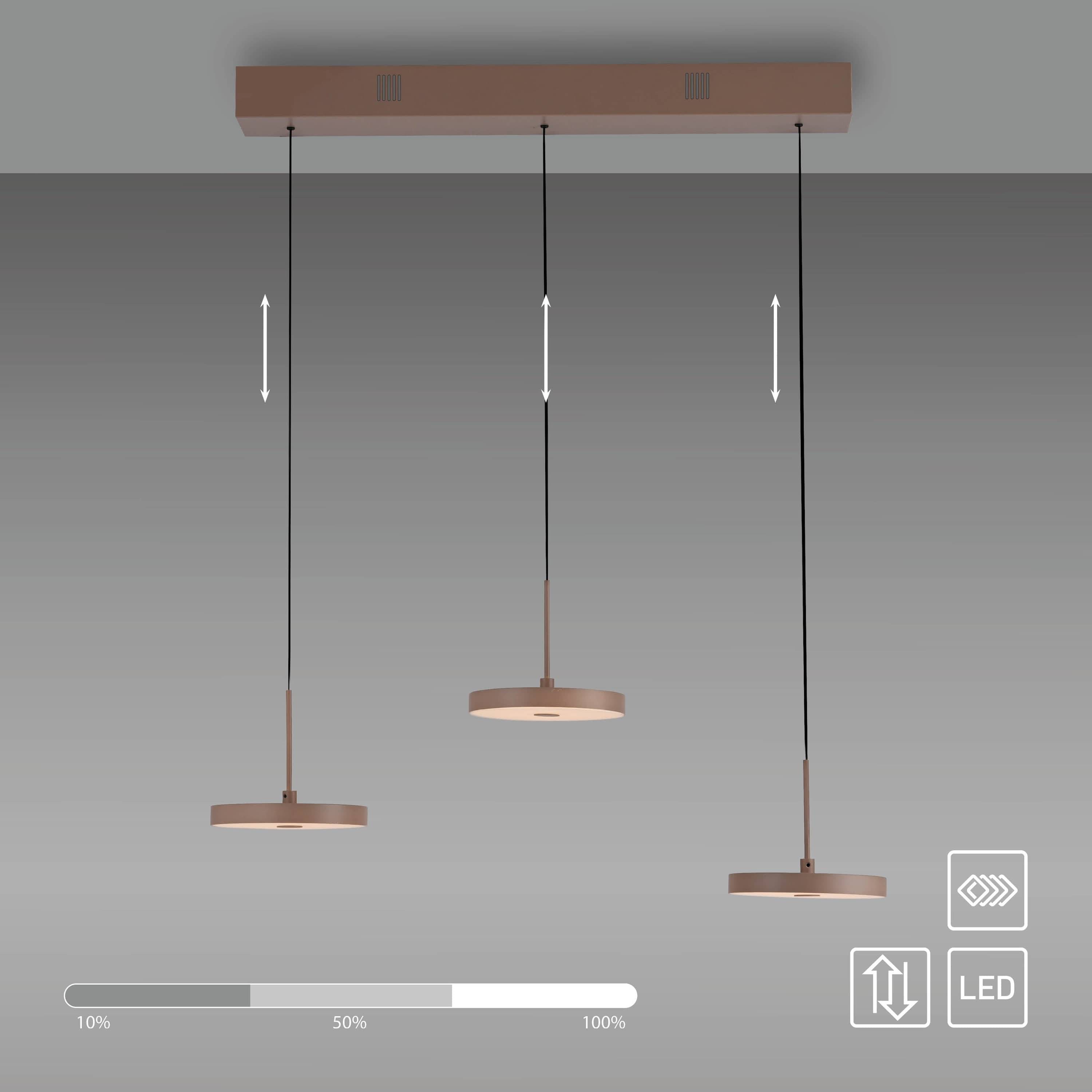 Pendelleuchte mit drei verstellbaren Hängelampen, gesteuert durch LED-Einstellungen am unteren Ende, die Helligkeitsstufen von 10% bis 100% anzeigen.