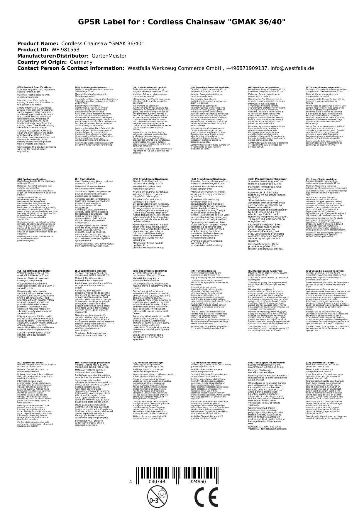 Akku-Kettensäge "GMAK 36/40"