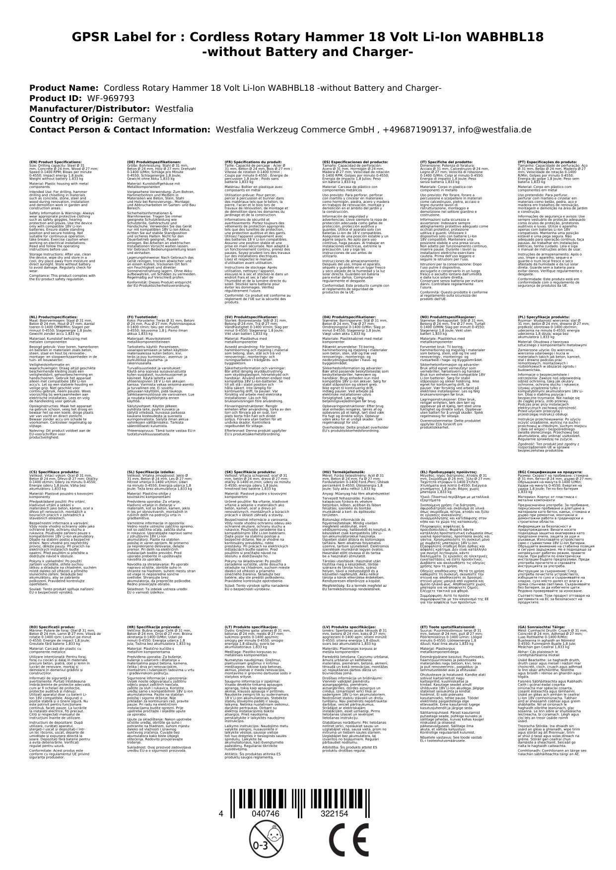 Akku Bohrhammer 18 Volt Li-Ion WABHBL18 -ohne Akku und Ladegerät-