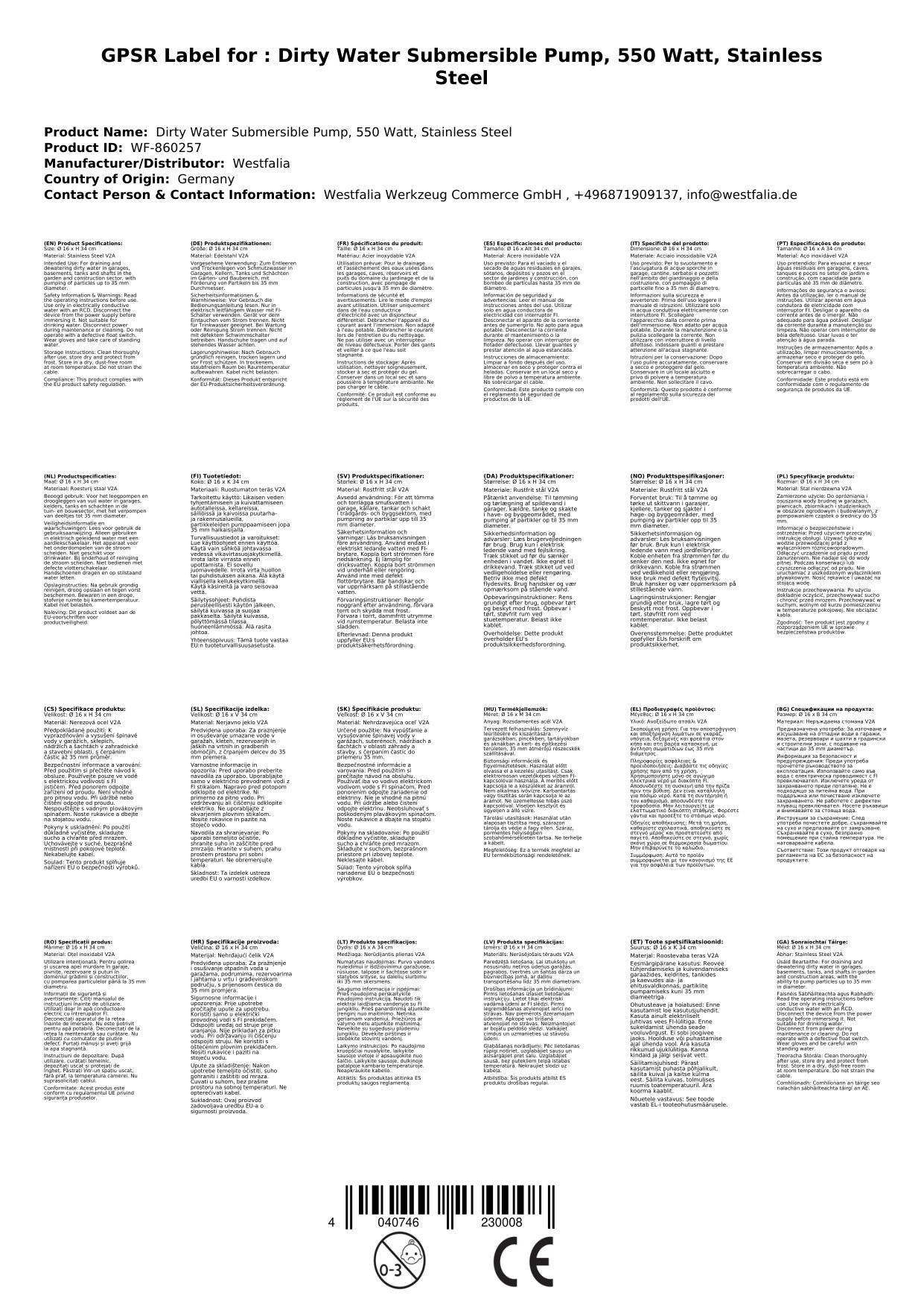 Schmutzwasser-Tauchpumpe, 550 Watt, Edelstahl