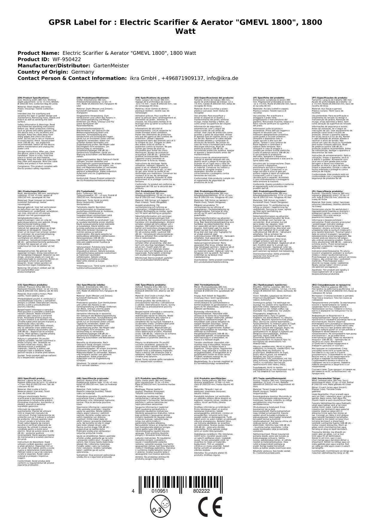 Elektrischer Vertikutierer & Lüfter „GMEVL 1800“, 1800 Watt