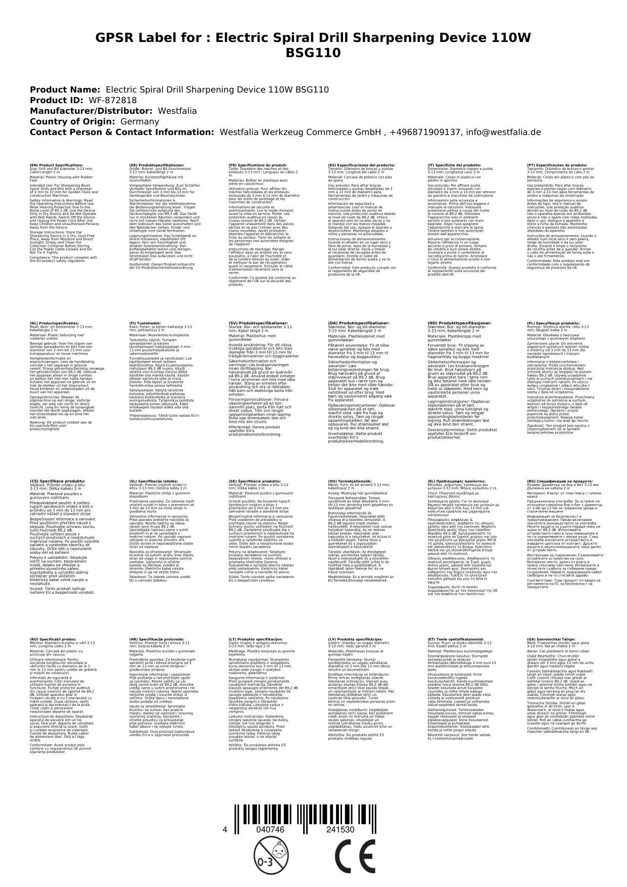 Elektro Spiralbohrer Schärfgerät 110W BSG110