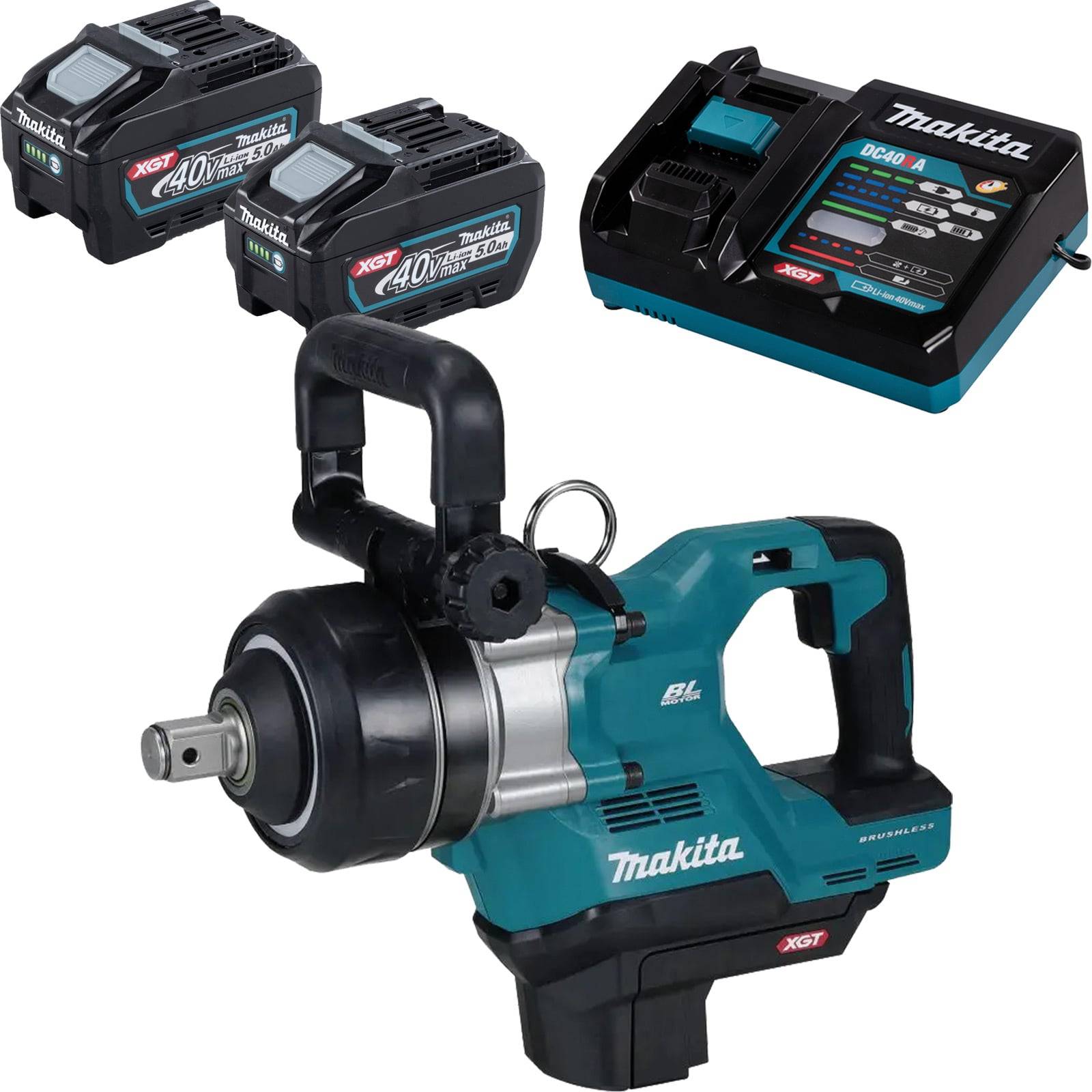 Makita Werkzeug-Set mit Schlagschrauber, zwei 40V-Akkus und Ladestation.