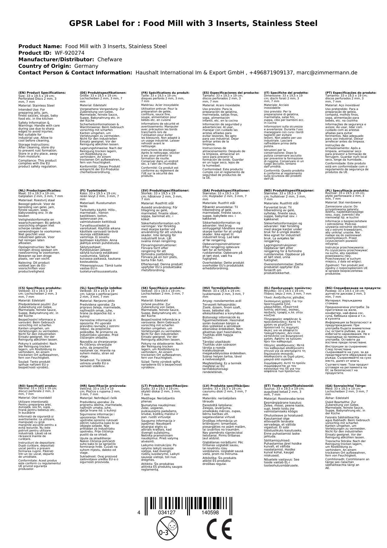 Passiermühle mit 3 Einsätzen, Edelstahl