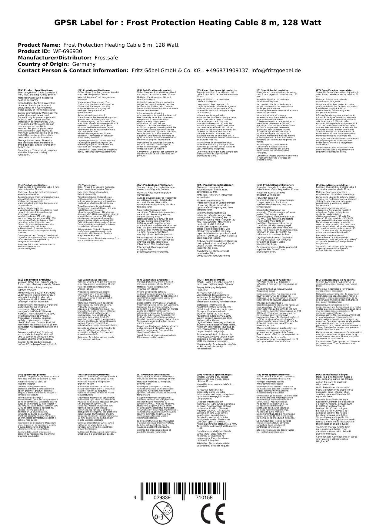 Frostschutz Heizleitung 8 m, 128 Watt