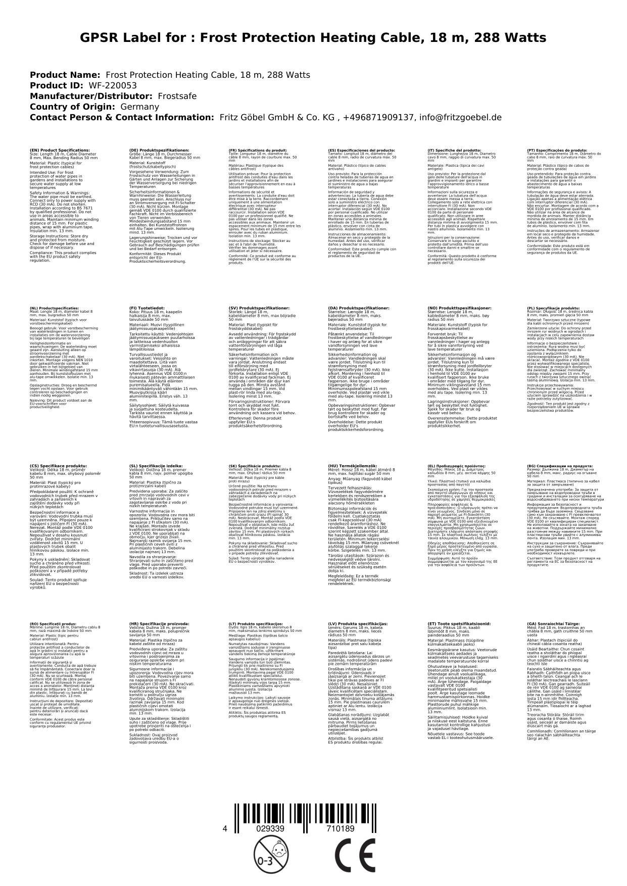 Frostschutz Heizleitung, 18 m, 288 Watt