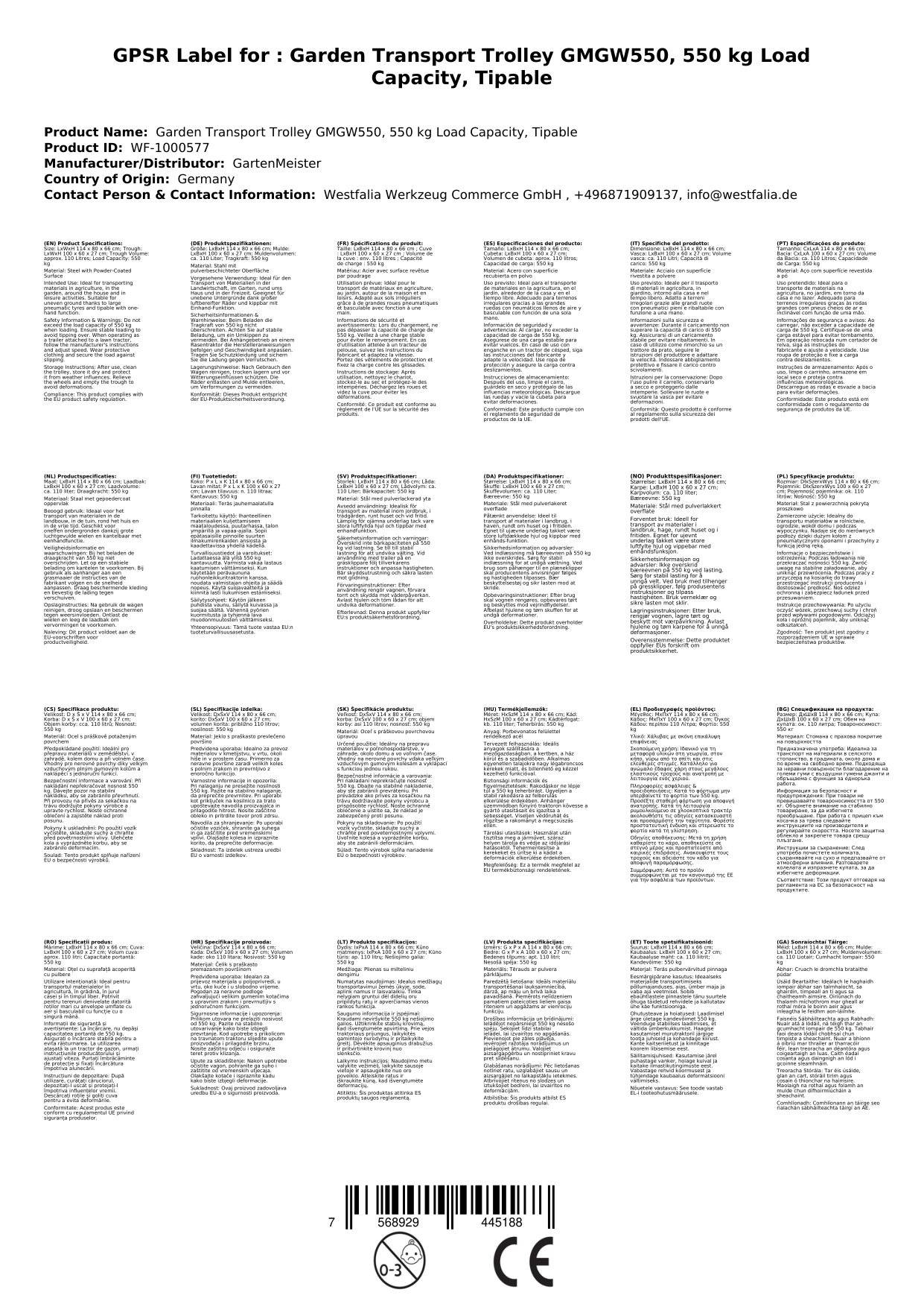 Garten Transportwagen GMGW550, 550 kg Tragkraft, kippbar