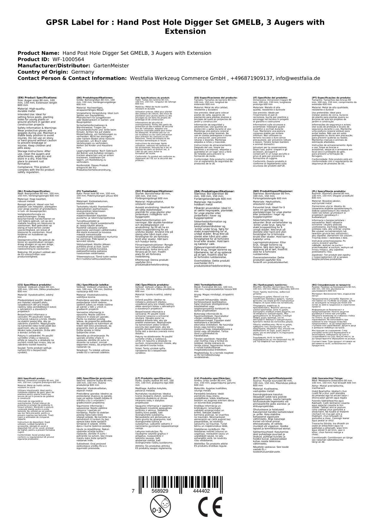 Hand-Erdlochbohrer-Set GMELB, 3 Bohrer mit Verlängerung