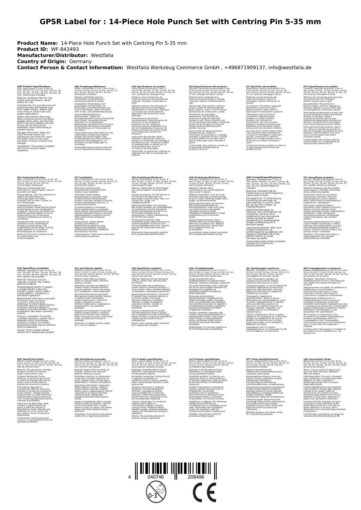 Locheisen Satz 14-teilig mit Zentrierdorn 5-35 mm