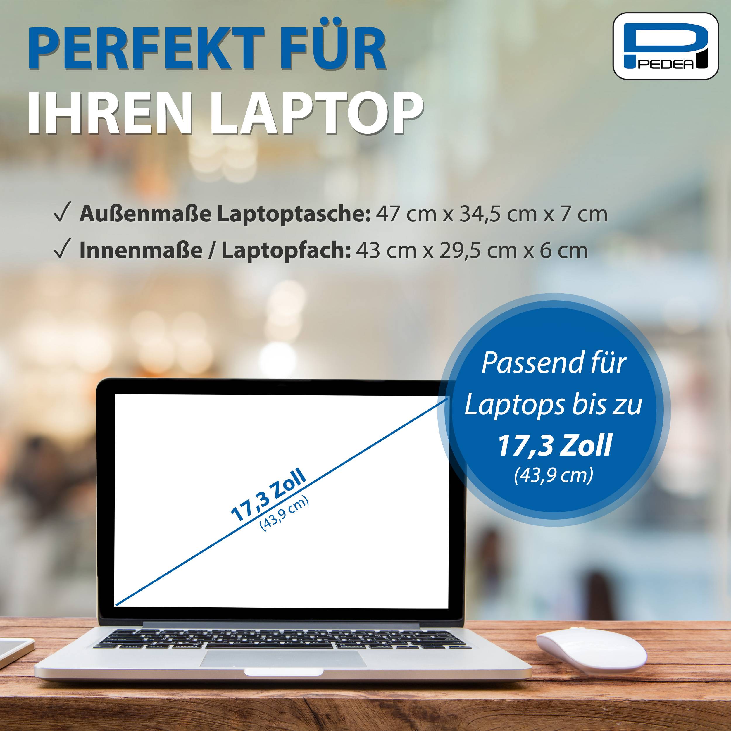 Ein Laptop auf einem Tisch mit Textmarkierungen zu Abmessungen und Kompatibilität. Geeignet für Laptops bis zu 17,3 Zoll (43,9 cm).