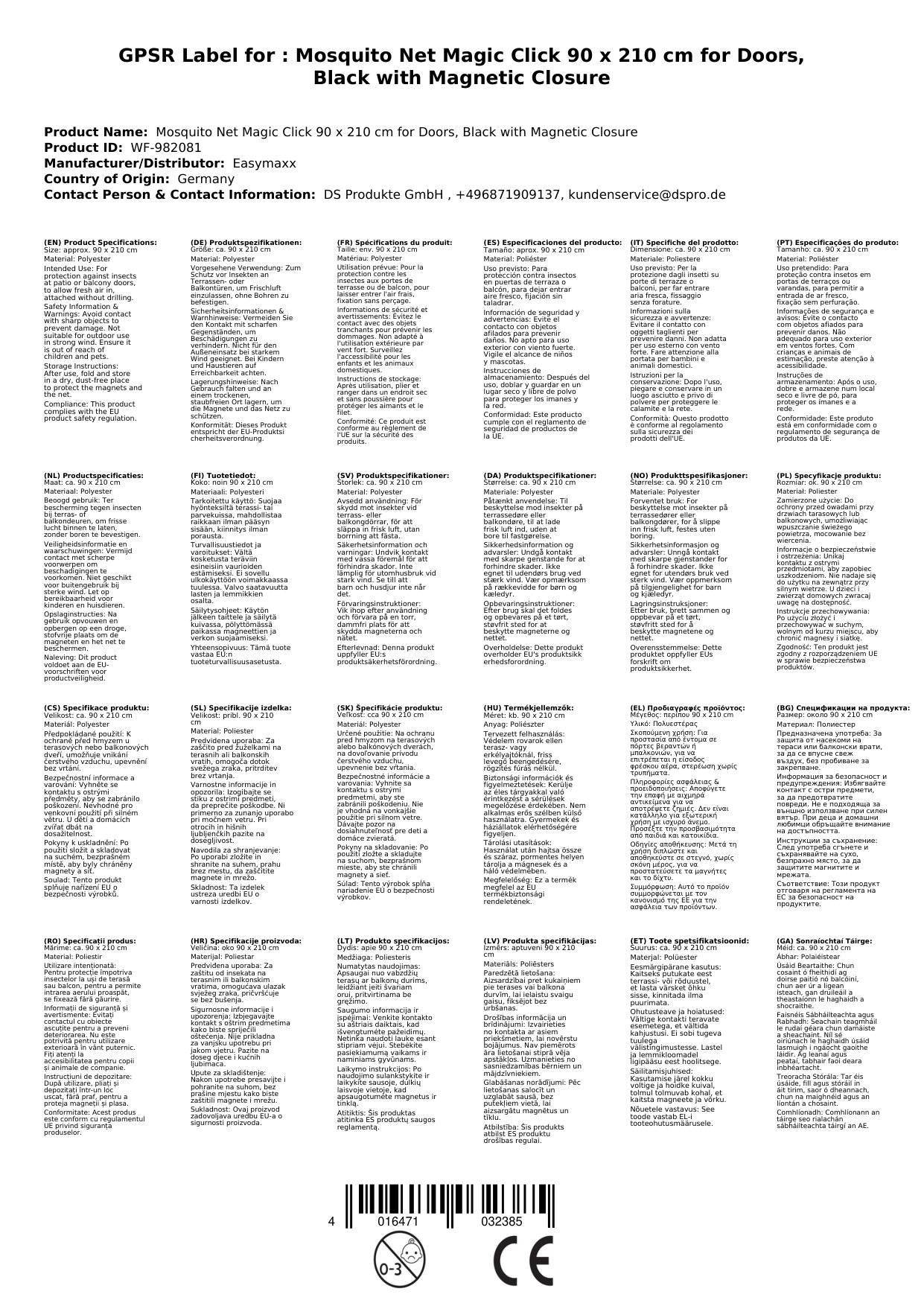 Moskitonetz Magic Klick 90 x 210 cm für Türen, schwarz mit Magnetverschluss