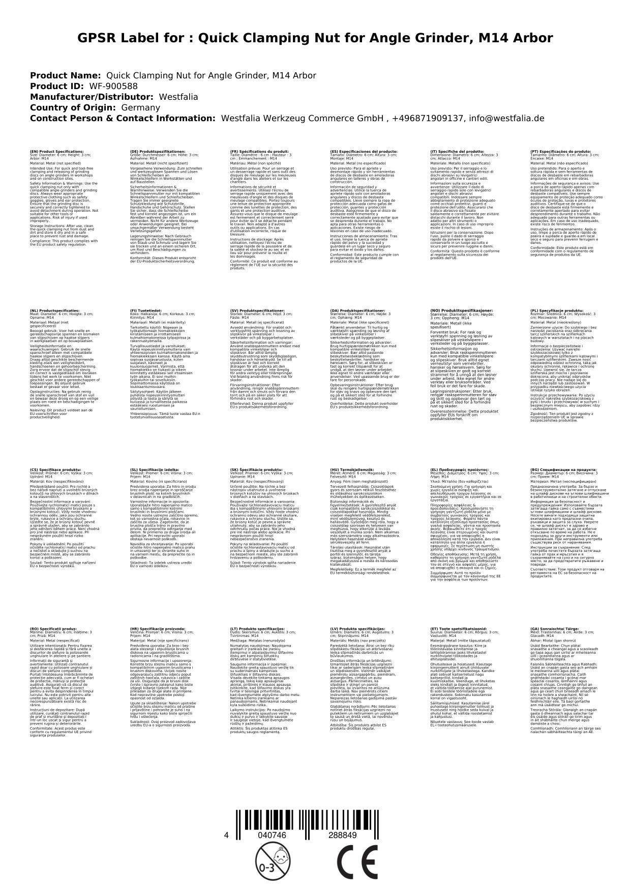 Schnellspannmutter für Winkelschleifer, Aufnahme M14