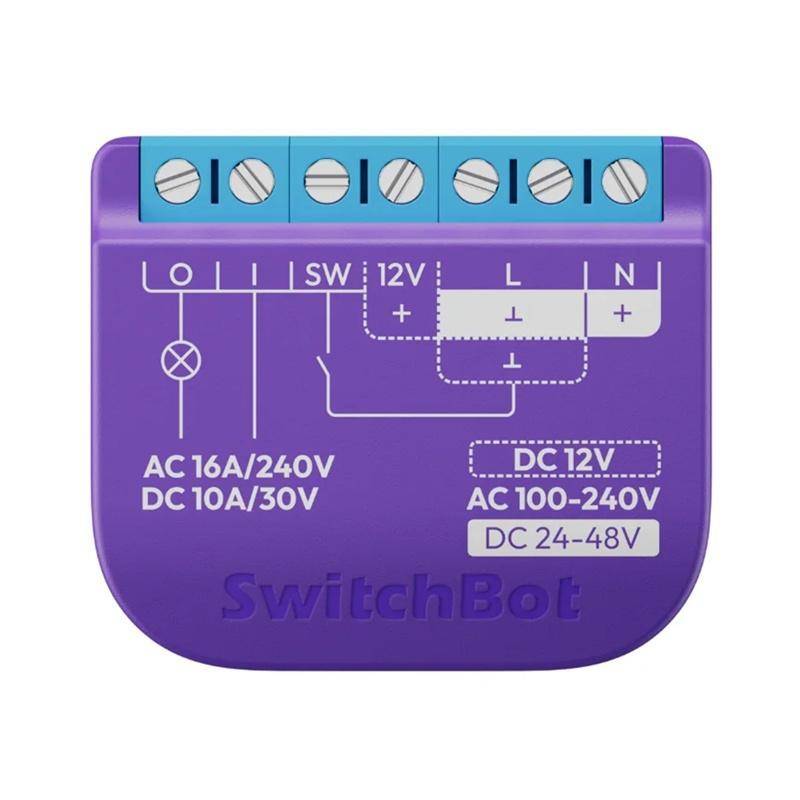 Lila SwitchBot-Gerät mit beschrifteten Anschlüssen für Wechsel- und Gleichspannungsverbindungen, einschließlich AC 16A/240V, DC 10A/30V und DC 12V.