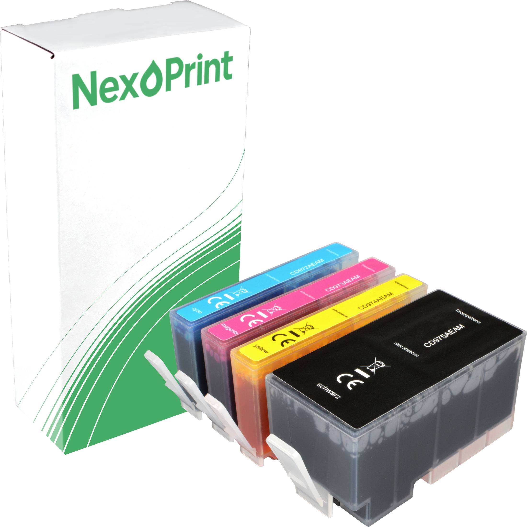 NexPrint' Tintenpatronen in Cyan, Magenta, Gelb und Schwarz, präsentiert vor einem weiß-grünen NexPrint-Verpackungskarton.