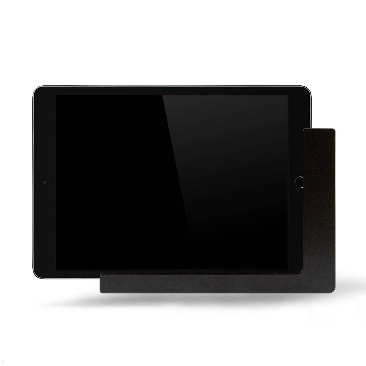 Tablet mit schwarzem Bildschirm in einem einfachen L-förmigen schwarzen Ständer, von vorne betrachtet.