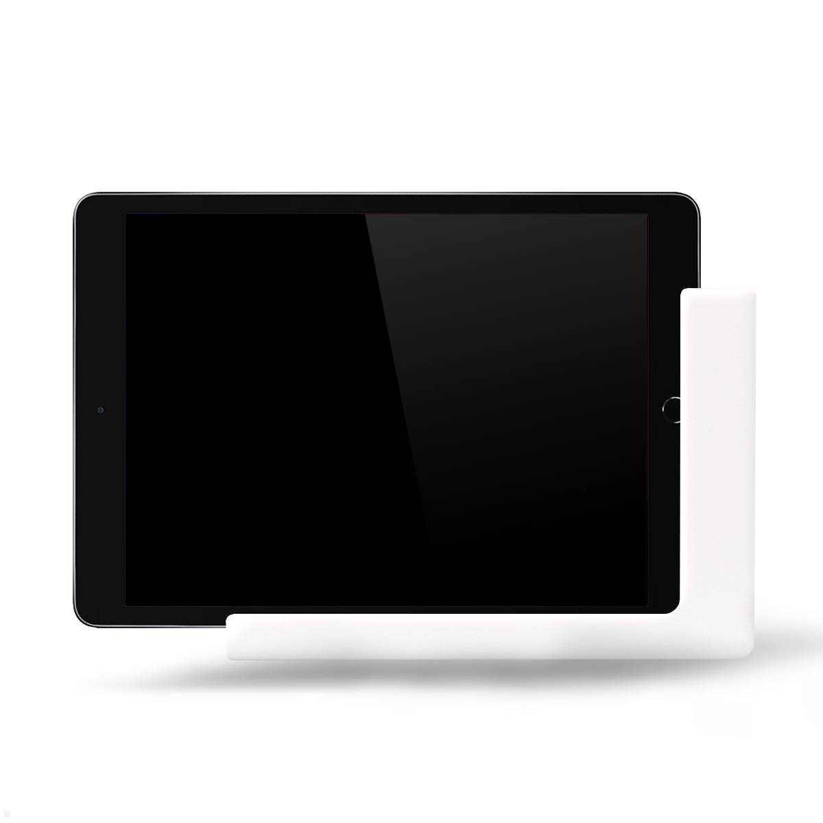 Ein Tablet ist horizontal auf einem weißen Ständer vor einem einfarbigen Hintergrund positioniert. Der Bildschirm ist ausgeschaltet und zeigt einen schwarzen Widerschein.