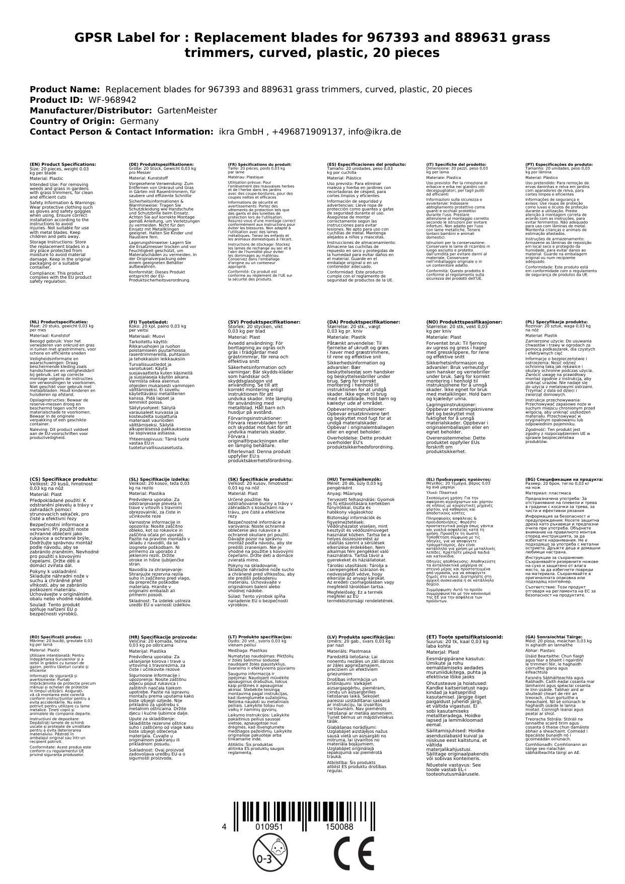 Ersatzmesser zu 967393 und 889631 Rasentrimmer, gebogen, Kunststoff, 20 Stück