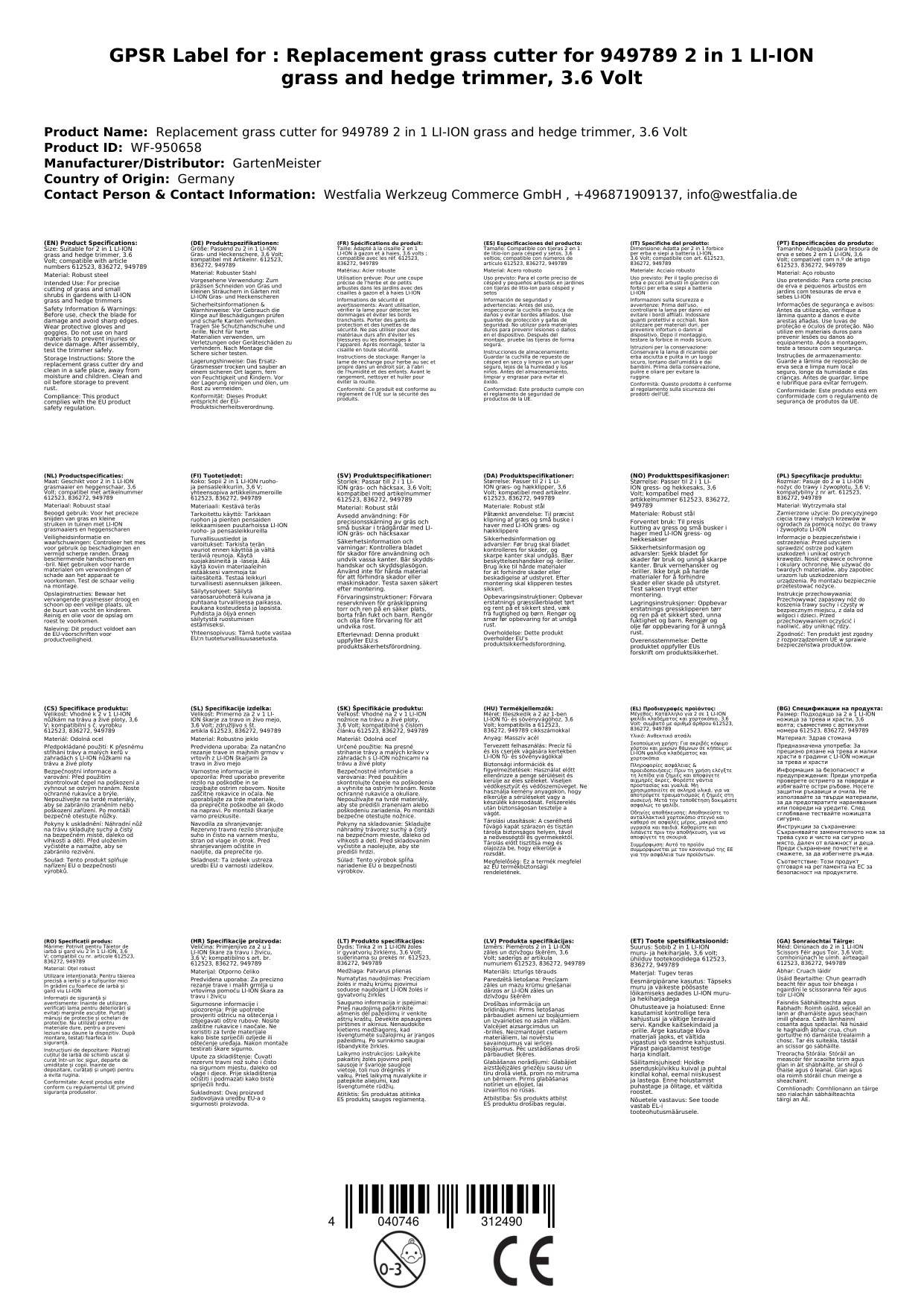 Ersatz-Grasmesser zu 949789 2 in 1 LI-ION Gras- und Heckenschere , 3,6 Volt