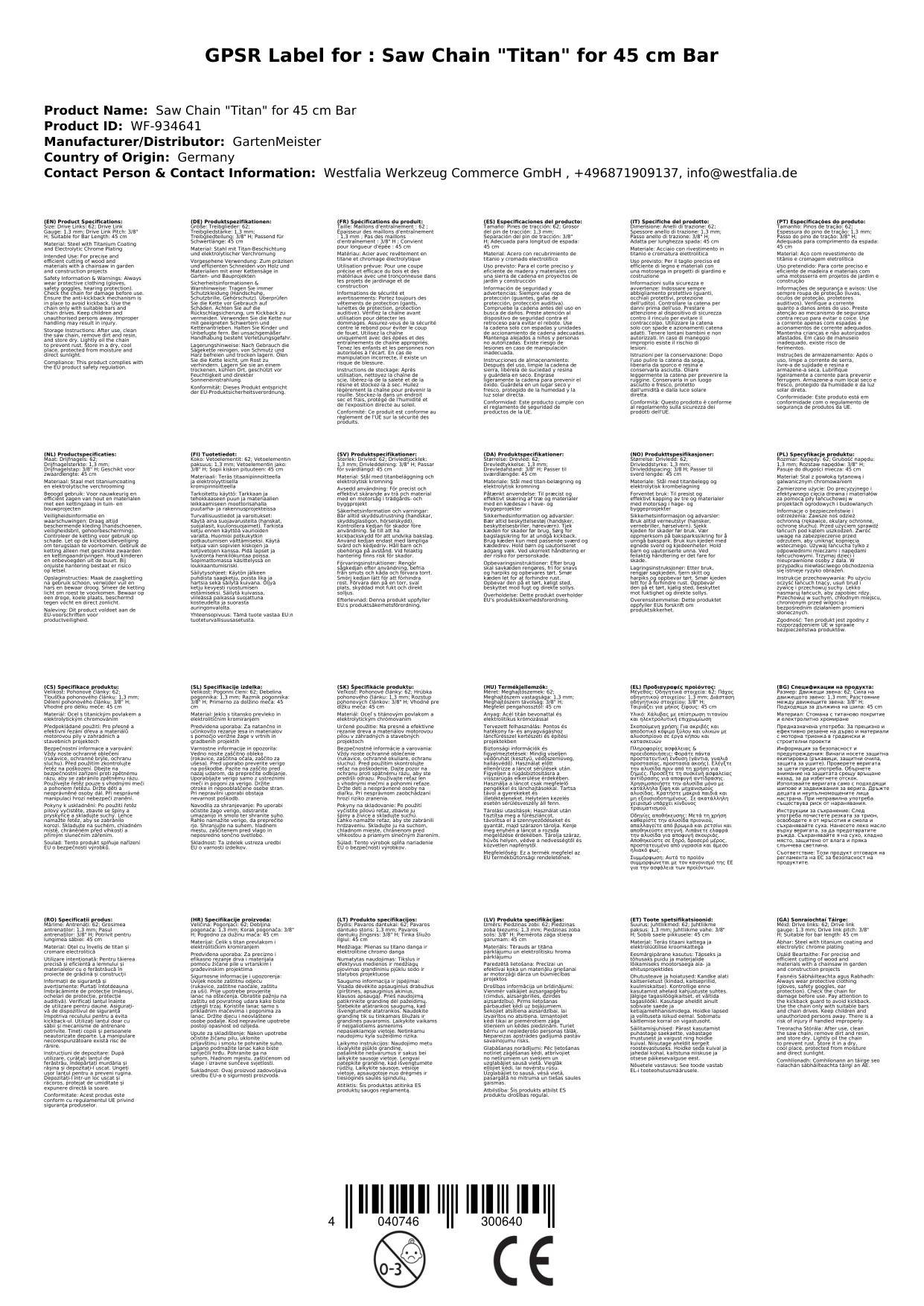 Sägekette "Titan" für 45 cm Schwert