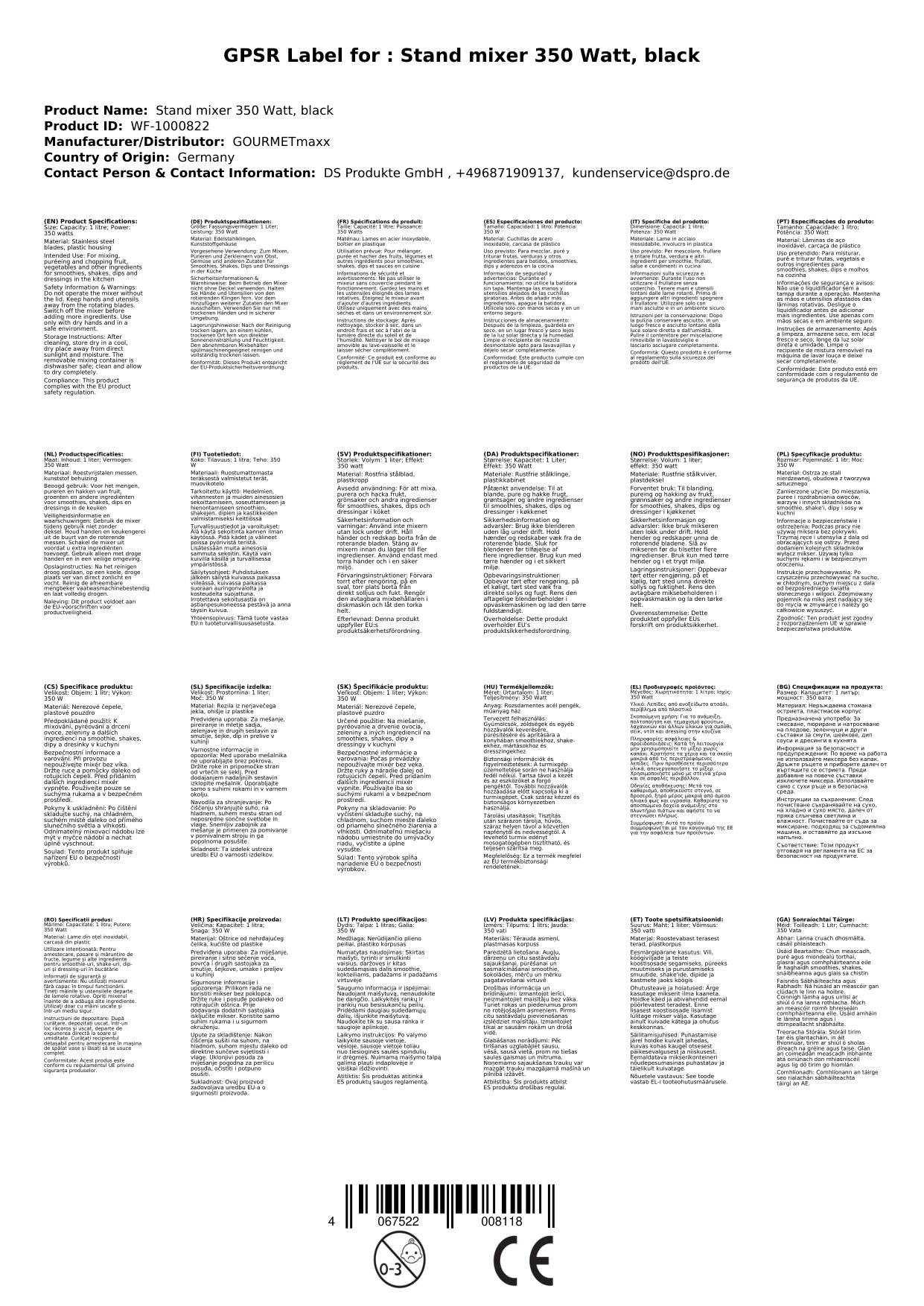 Standmixer 350 Watt, schwarz