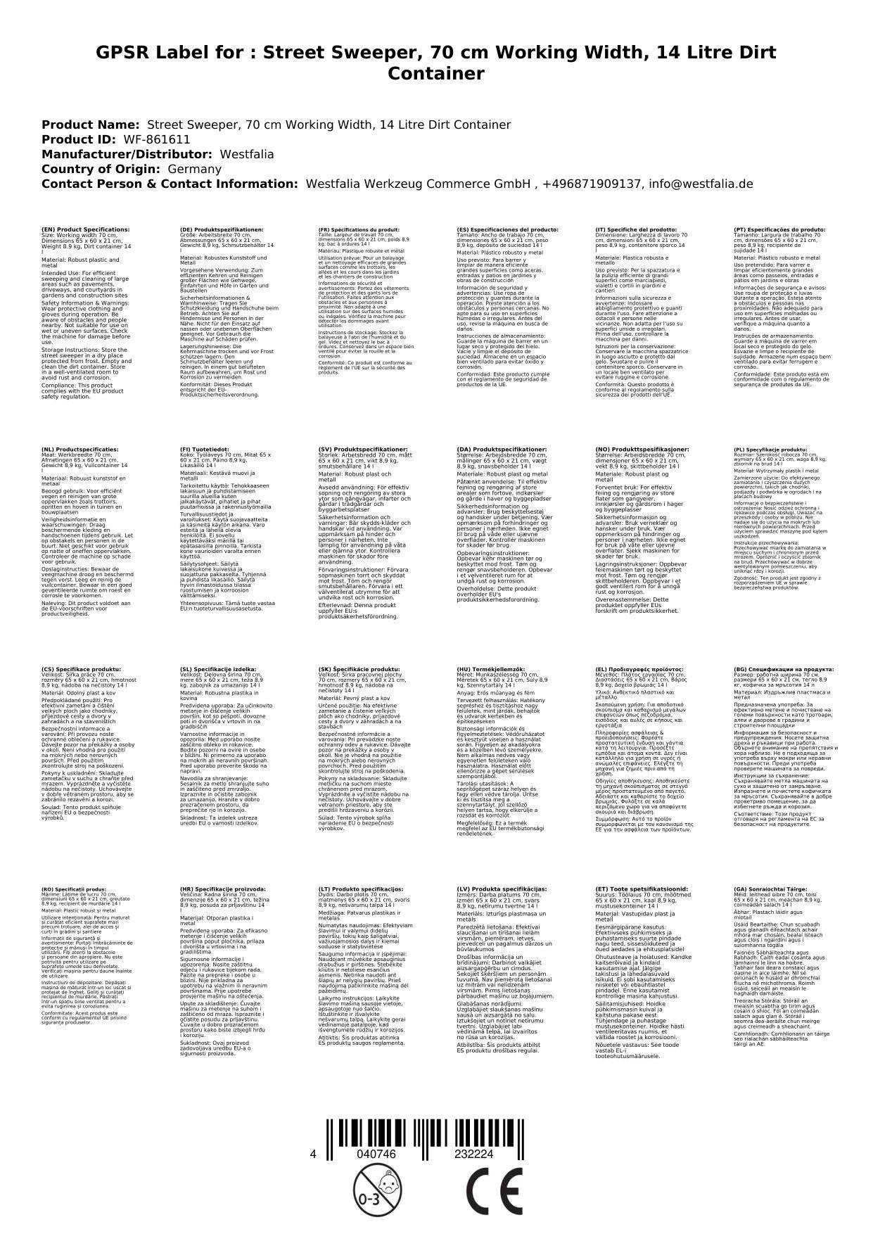 Kehrmaschine, 70 cm Arbeitsbreite, 14 Liter Schmutzbehälter