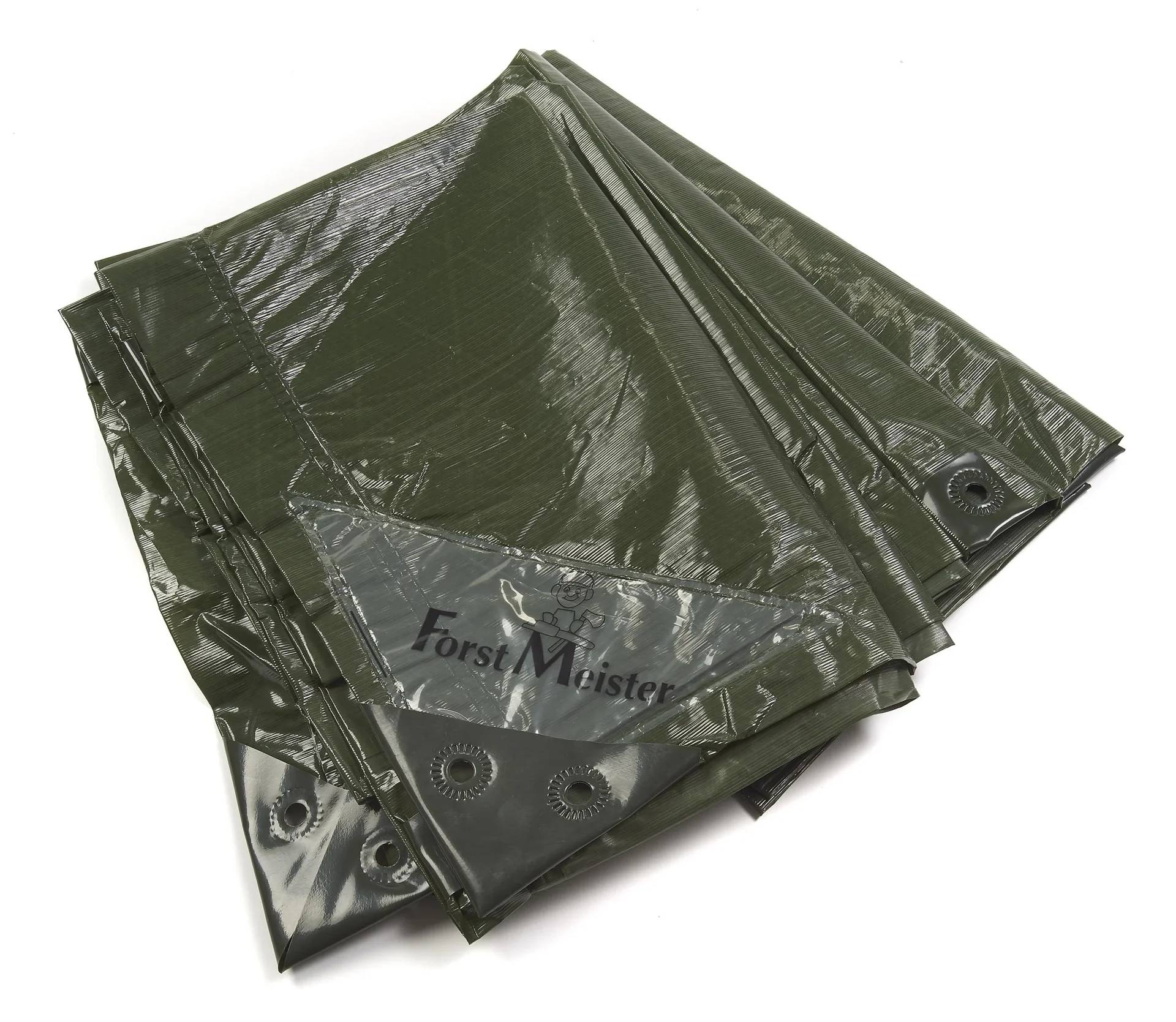 Eine gefaltete, olivgrüne Plane mit verstärkten Kanten und Metalllöchern, versehen mit dem Logo 'Forst Meister' in der Ecke.