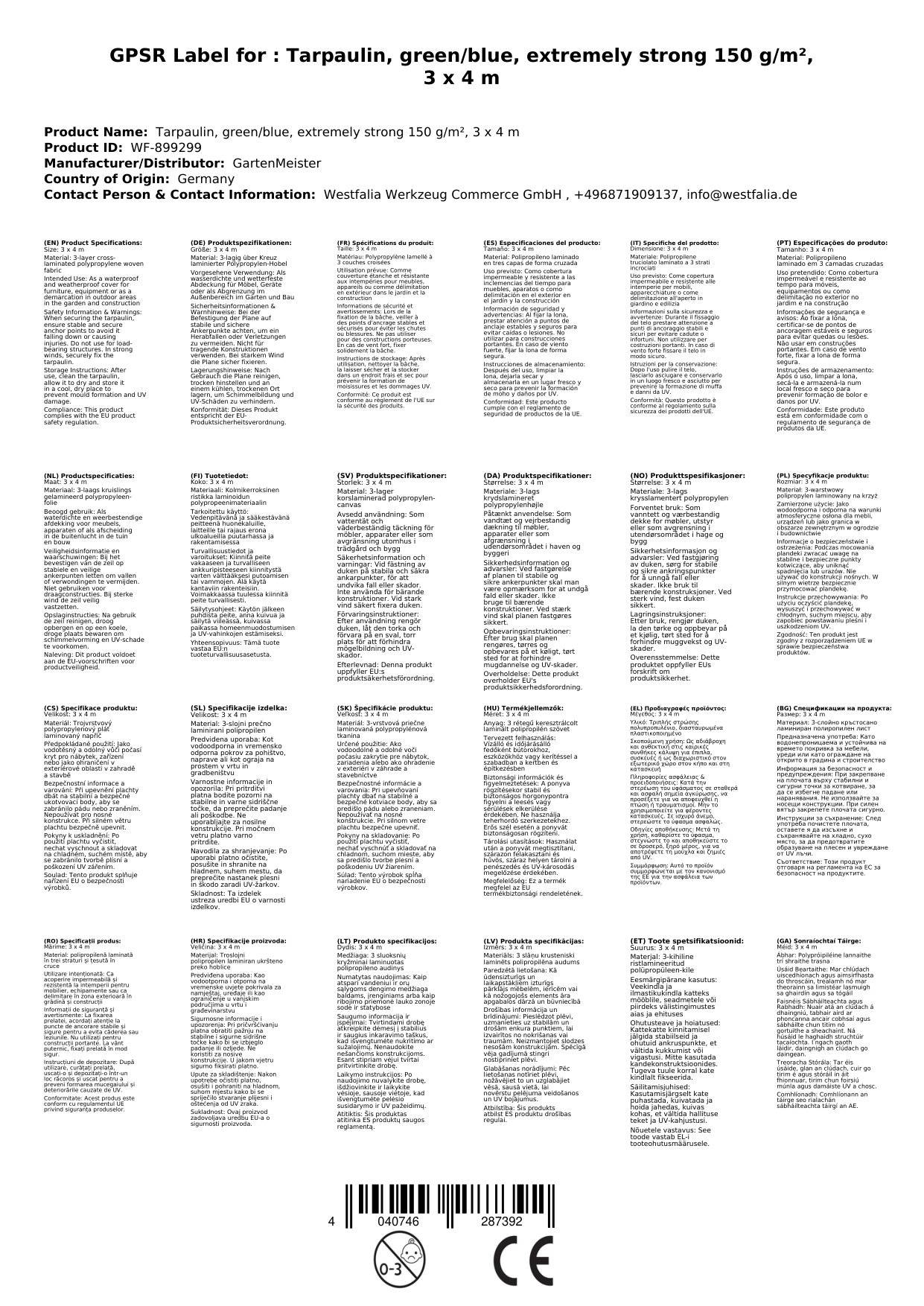 Abdeckplane, grün/blau, extrem stark 150 g/ m²,3 x 4 m