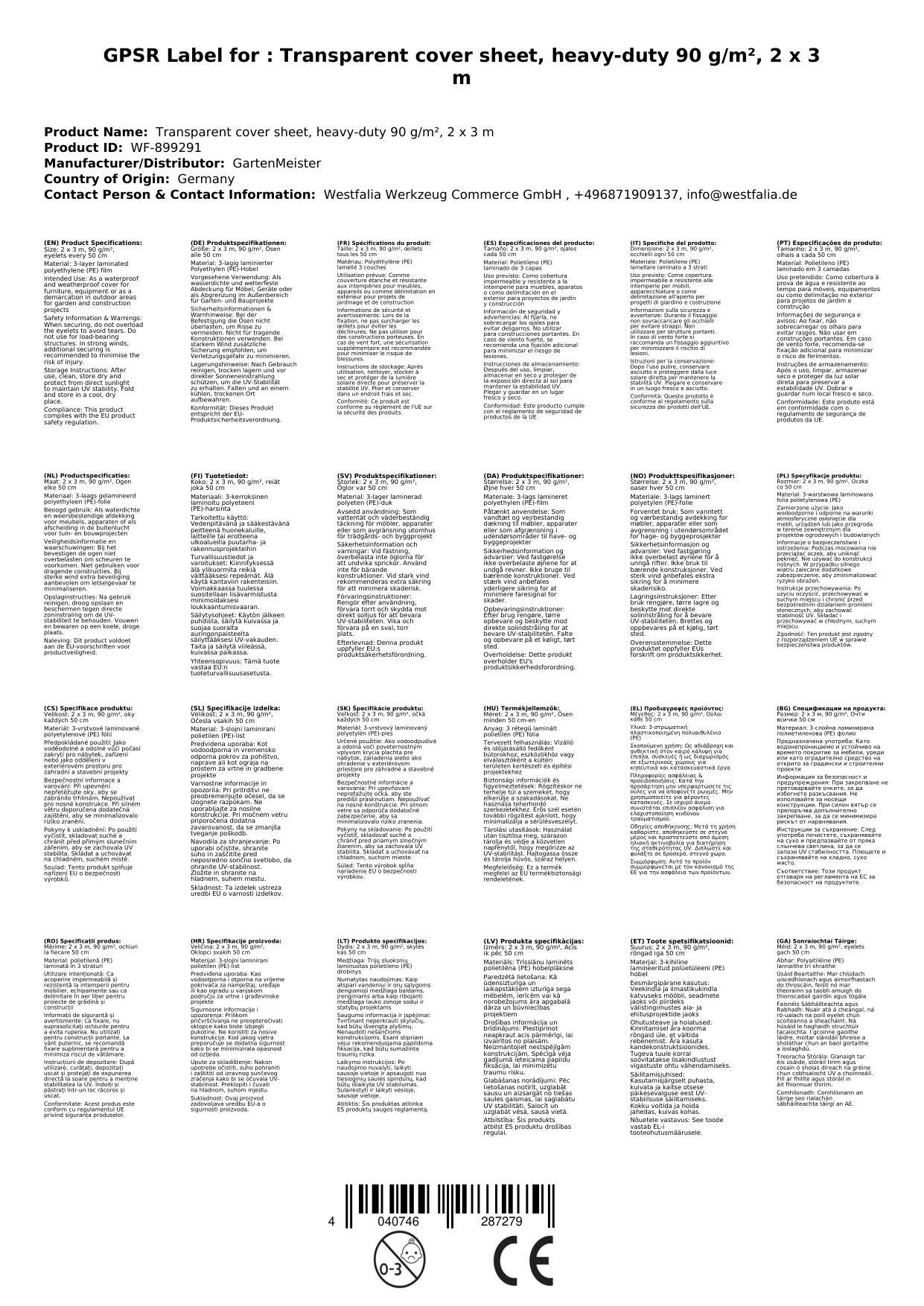 Abdeckplane, transparent, stark 90 g/ m², 2 x 3 m