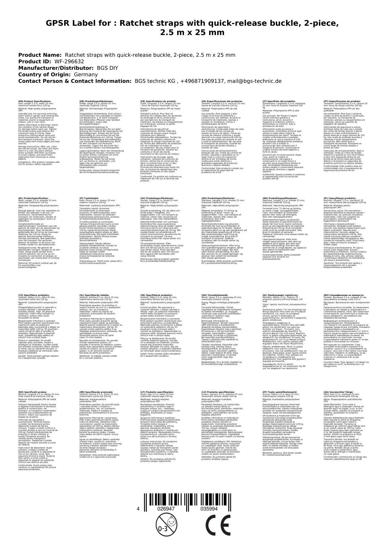 Spanngurte mit Schnellverschluss, 2-teilig, 2,5 m x 25 mm