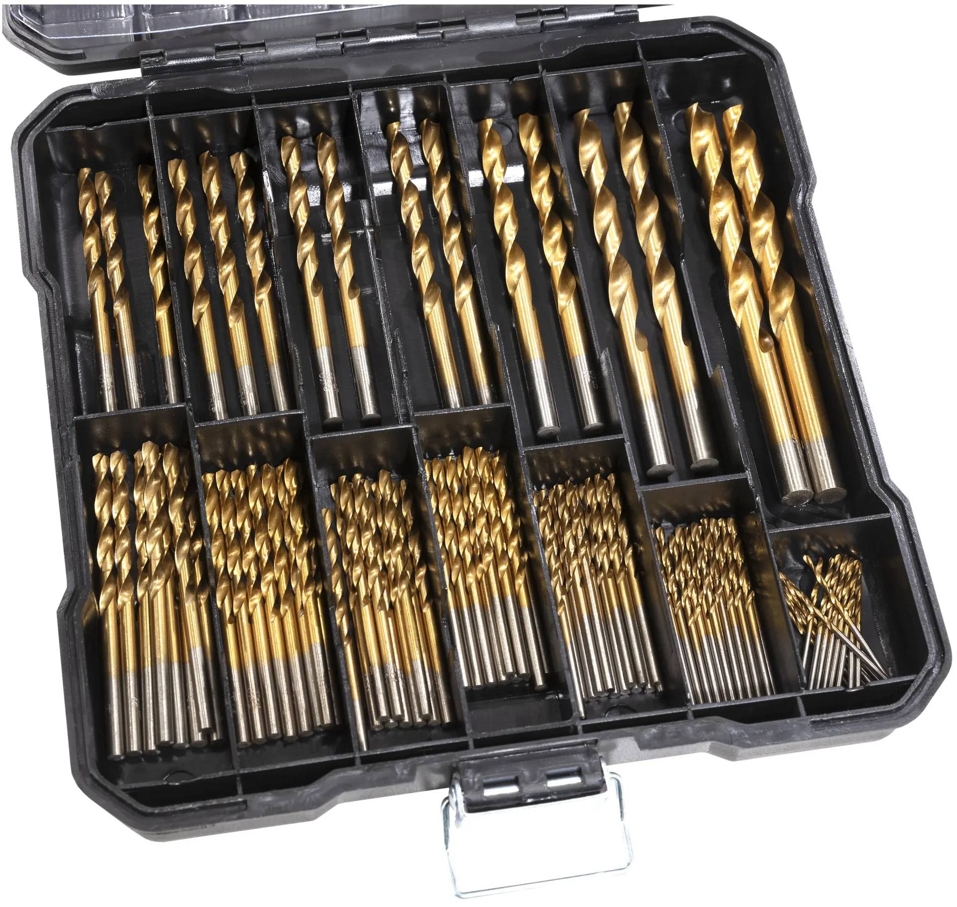 Eine schwarze Plastikbox, die einen sorgfältig sortierten Satz goldspitzer Bohrer verschiedener Größen enthält.