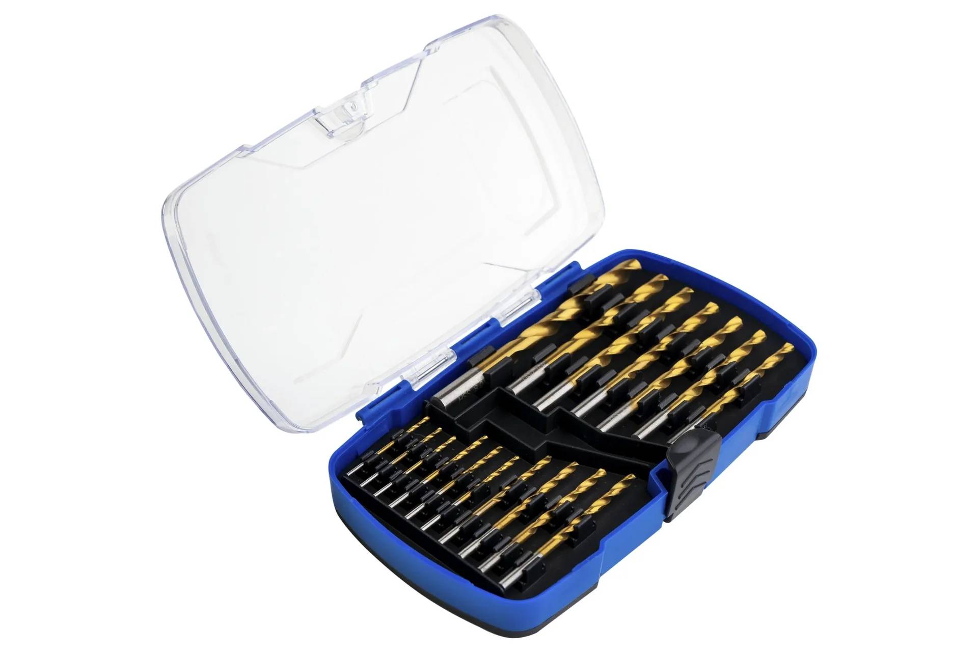 Eine blaue Schatulle mit einem sorgsam angeordneten Satz Bohrerbits mit goldfarben Spitzen, geöffnet präsentiert, um verschiedene Größen zu zeigen.