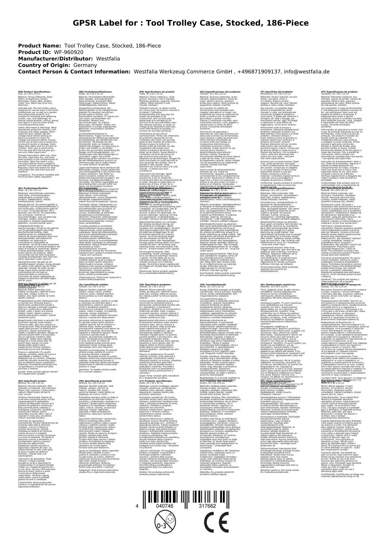 Werkzeugkoffer auf Rollen, bestückt, 186-teilig