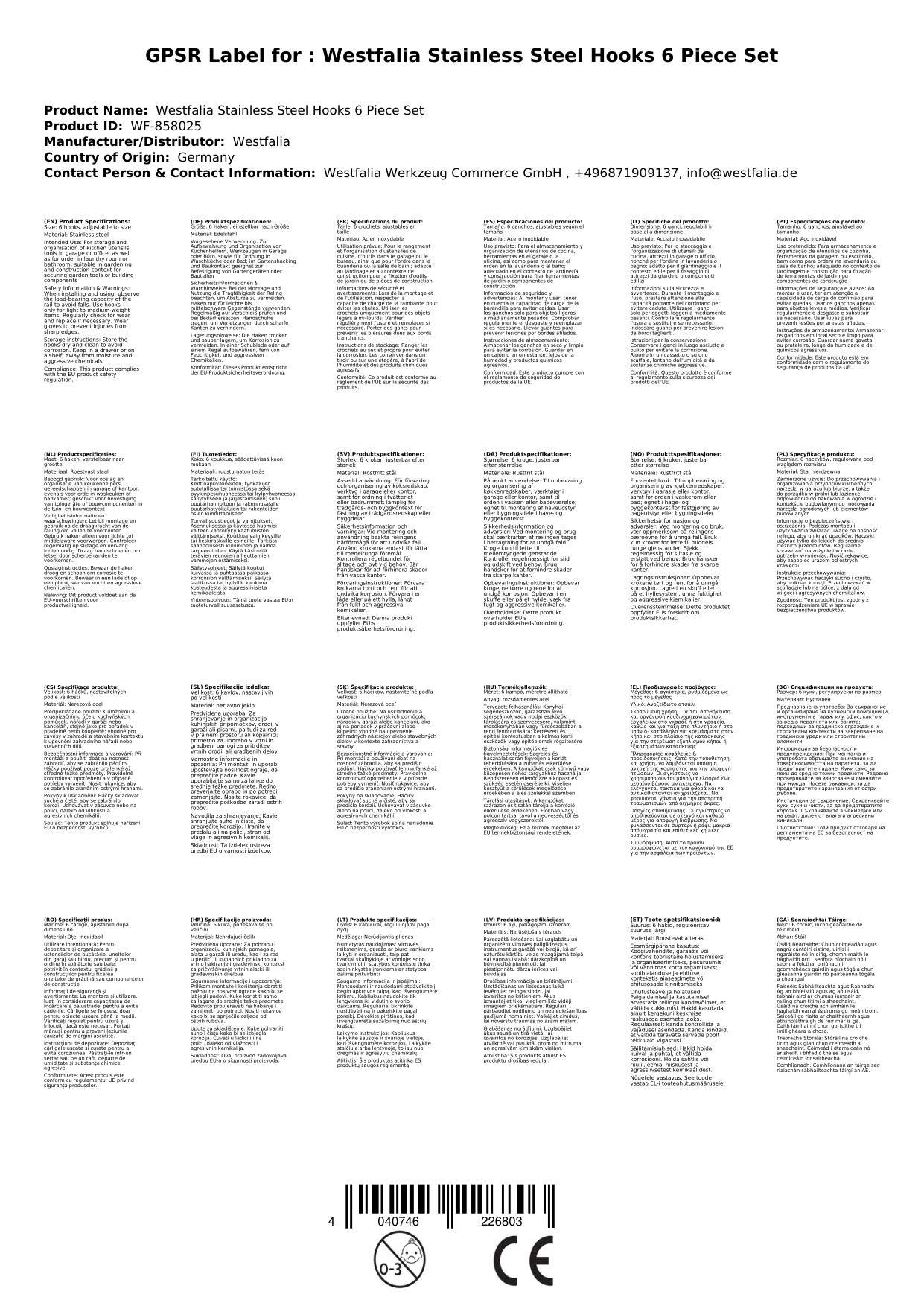 Westfalia Edelstahl Haken 6 Stück Set